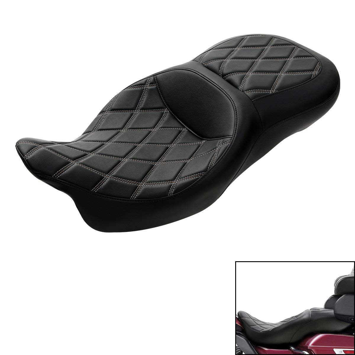 C.C. RIDER Driver Leather Passenger Seat - Fat Diamond 2-Up One-Piece for Harley Touring Road King Street Glide Road Glide Electra Glide 2009-2023 | Comfortable & Durable Motorcycle Seat for Long Rides & Two-Up Touring