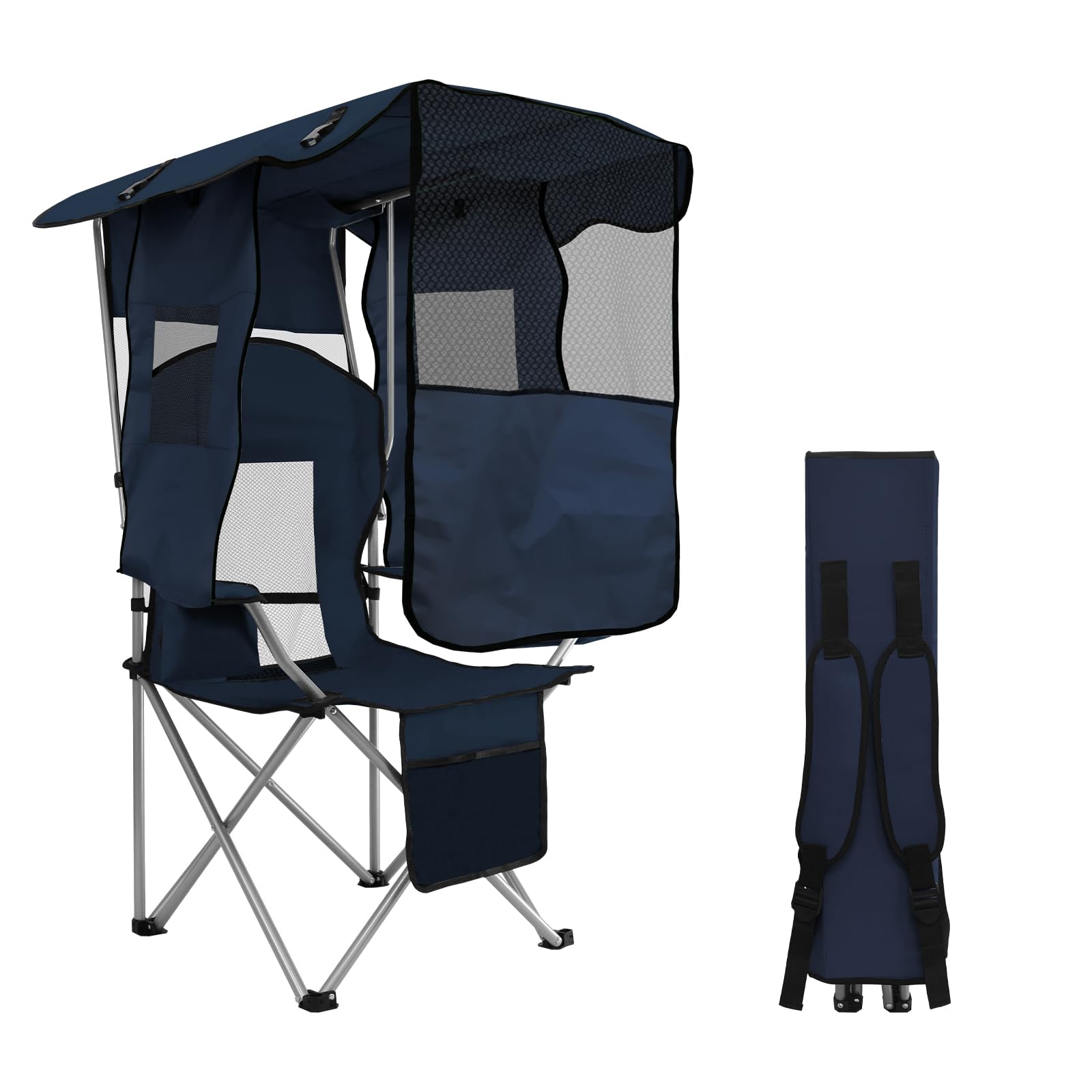 Premium Folding Beach Chair with Adjustable Canopy Shade - Heavy Duty 330LBS Capacity Camping Lounge Chair with Cup Holder & Carry Bag - Perfect for Travel, Hiking, Beach, Poolside & Outdoor Relaxation (Navy Blue)