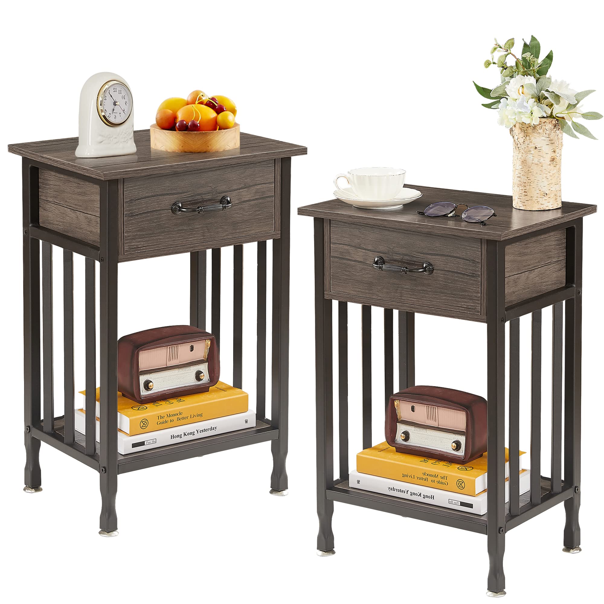 VECELO Industrial Nightstand Set of 2 - Modern Bedside Tables with Drawer & Storage Shelf - Wood & Metal End Tables for Bedroom & Living Room - Easy Assembly 2-Pack in Gray - Perfect for Small Spaces & Apartment Decor