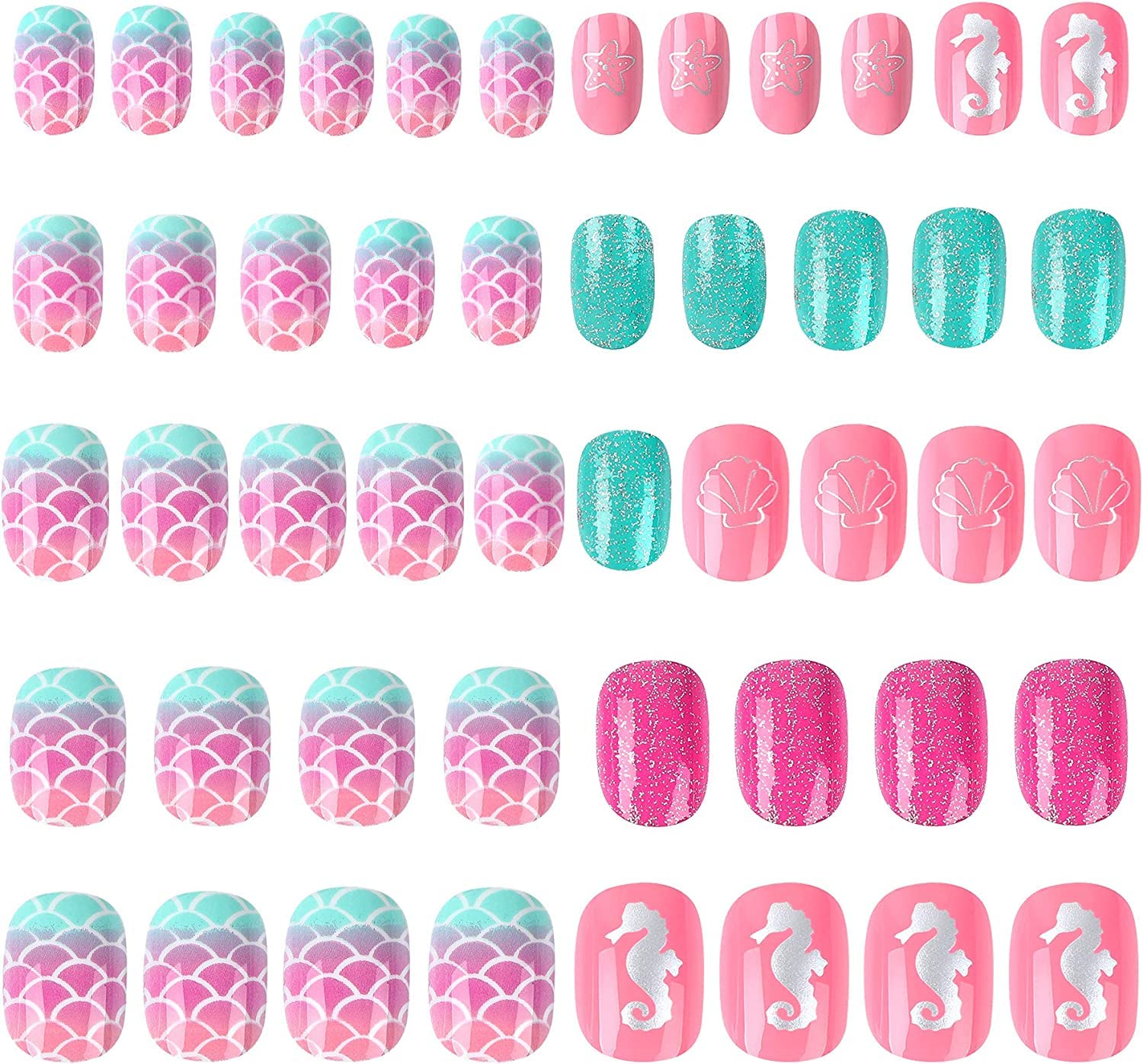 JANYUN 48 Pcs Short False Nails for Kids - Full Cover Stick on Nails for Little Girls, Non-Toxic Nail Art Gift Set - Perfect for Birthday Parties, Playdates & Dress-Up Fun