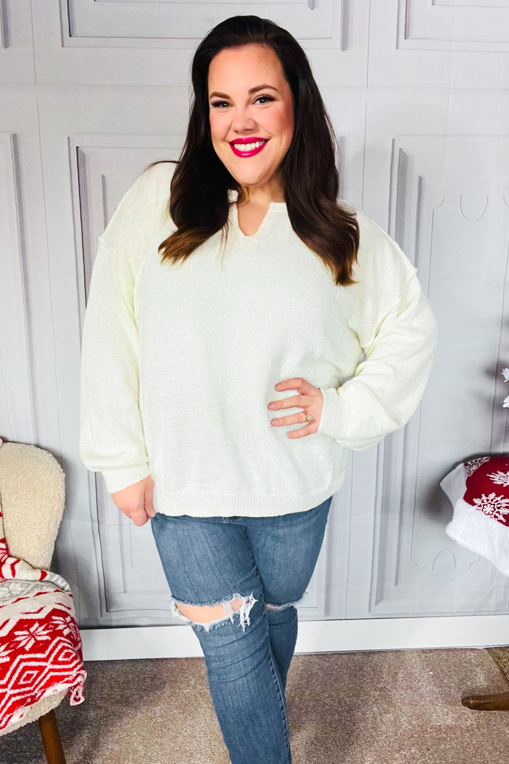 Ivory Oversized Notched Neck Patch Sweater for Women - Cozy Winter Pullover for Casual Outings & Layering