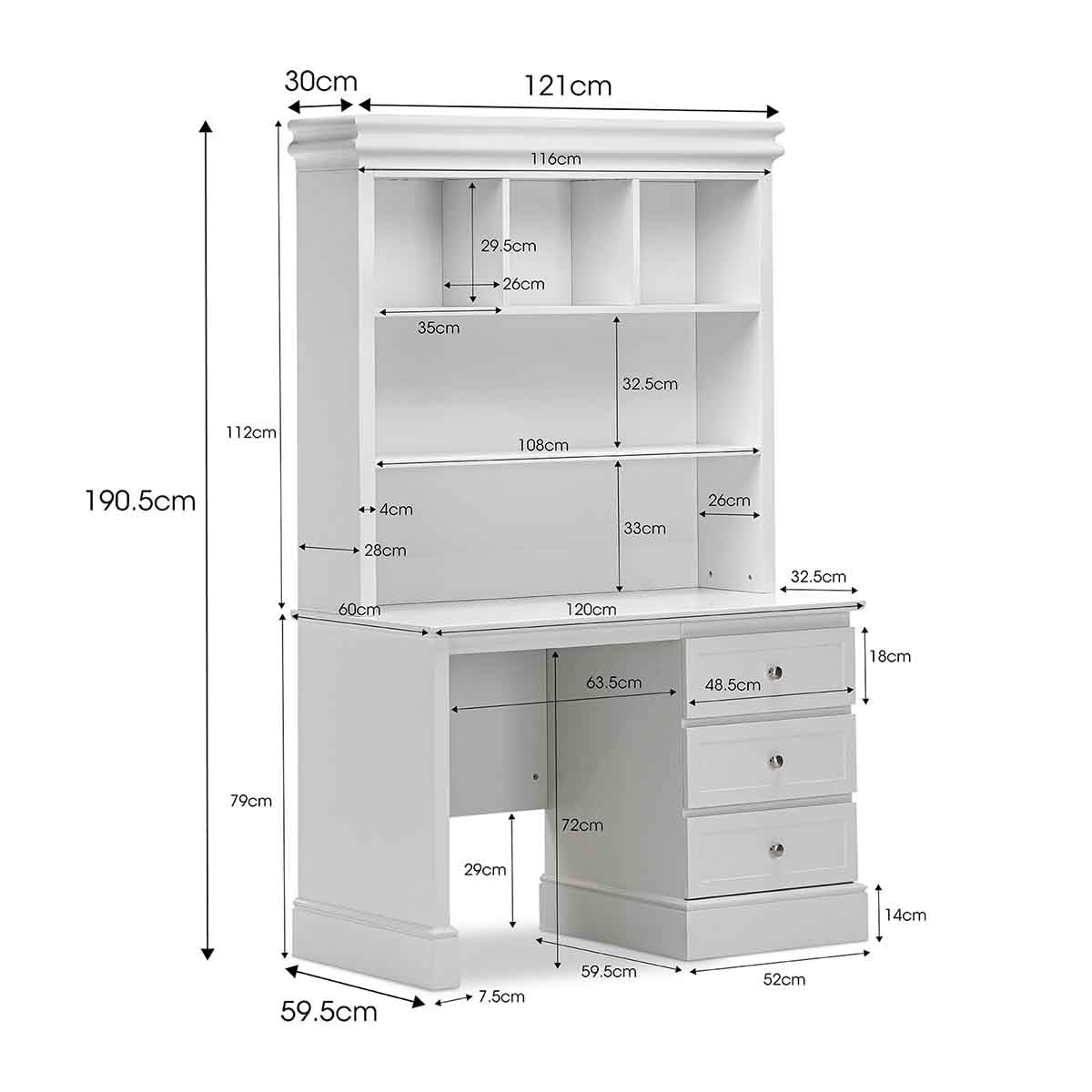 3-Drawer 5-Shelf Hutch Study Desk - Compact Home Office Desk with Storage for Small Spaces | Perfect for Study, Workstation, Dorm Room & Home Office Organization