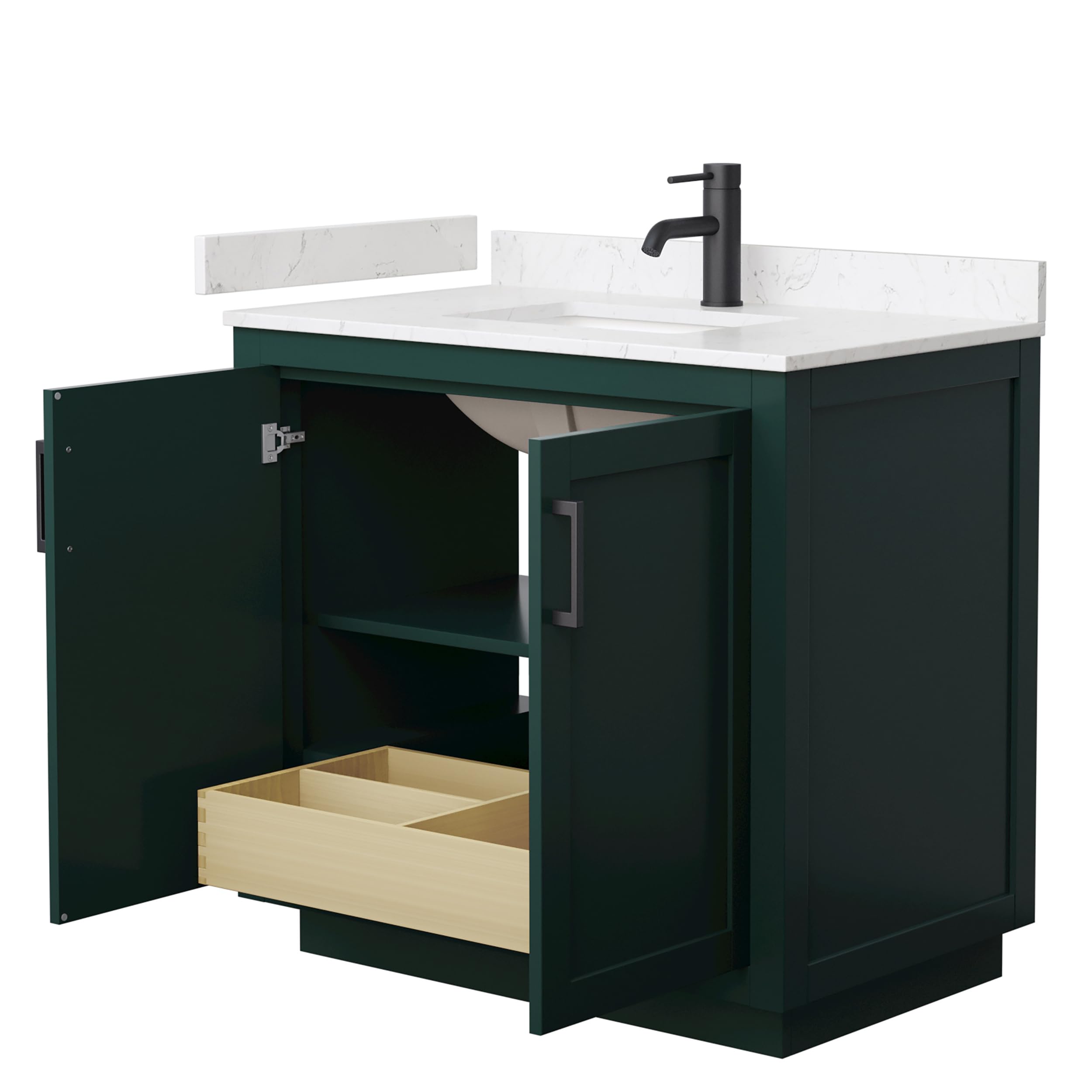 Wyndham Collection Miranda 36 Inch Green Bathroom Vanity with Light-Vein Carrara Cultured Marble Countertop & Undermount Square Sink - Matte Black Trim - Perfect for Modern Bathrooms, Guest Baths & Small Space Remodels