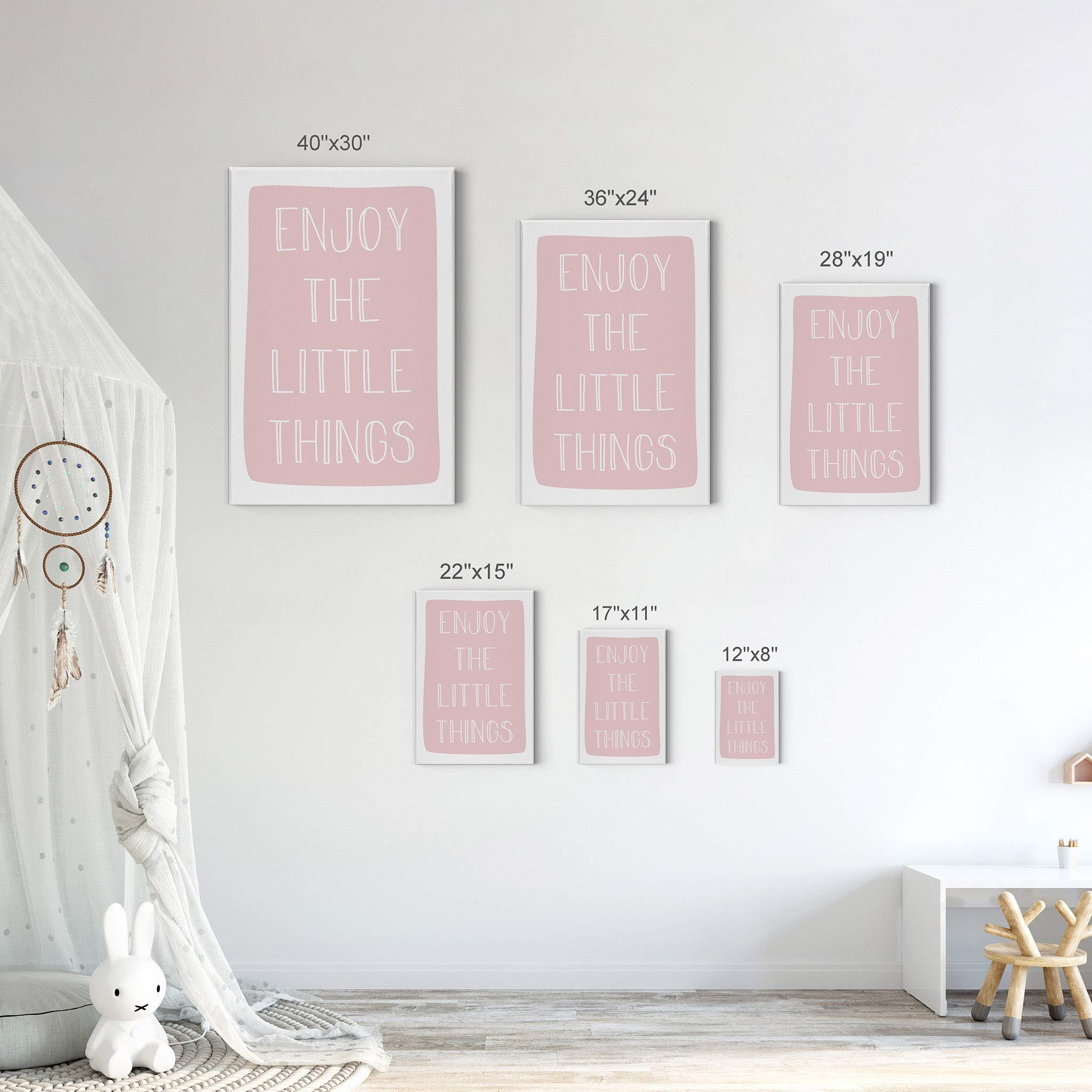 Smile Art Design 'Enjoy The Little Things' Lettering Pink Canvas Print - 40x30 Inch Ready to Hang Wall Art for Kids Room, Nursery & Baby Room Decor - Made in USA | Perfect for Birthday Gifts & Bedroom Decoration