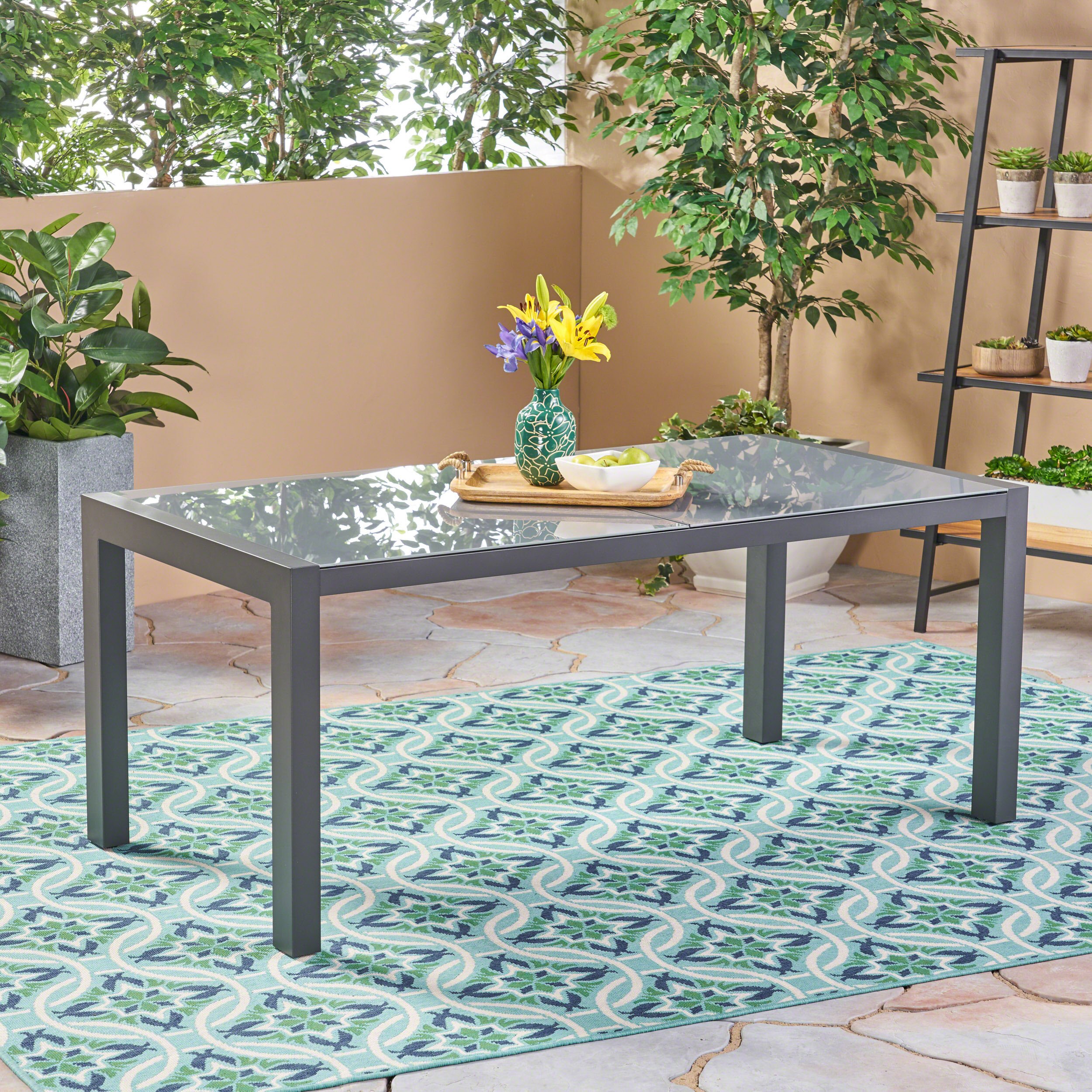 Christopher Knight Home Eli Outdoor Tempered Glass Dining Table with Aluminum Frame - Weather-Resistant Gray Patio Furniture for Backyard, Garden & Poolside Dining