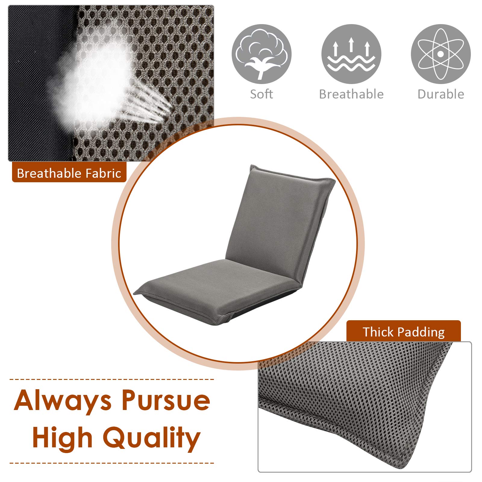 Giantex Adjustable Floor Chair with Back Support - 6 Position Reclining Gaming Chair, Padded Sleeper Bed for Video Games, Meditation, Reading & TV Watching - Comfortable Grey Seat for Living Room, Bedroom & Home Theater Use