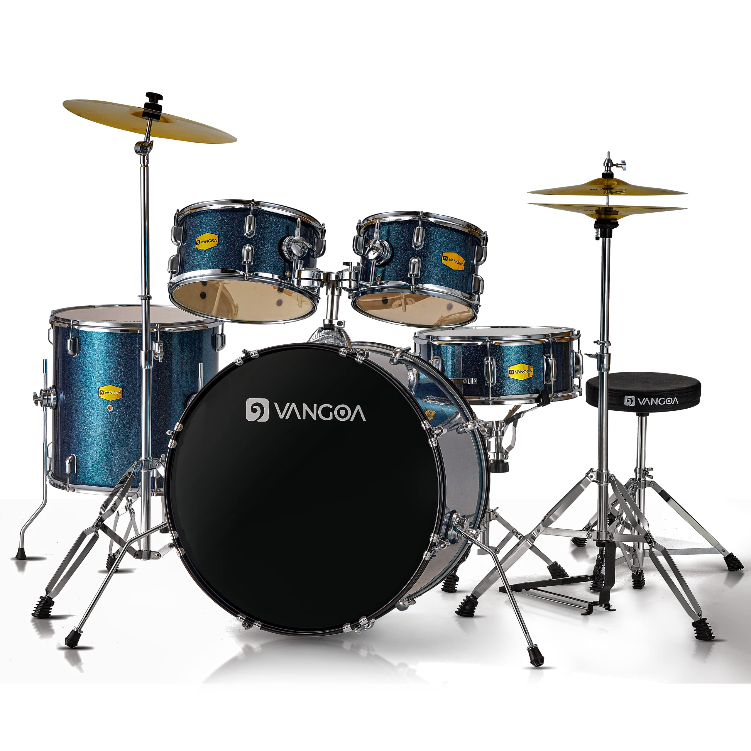Vangoa 5-Piece Full Size Acoustic Drum Set for Beginners - 22 Inch Student Drum Kit with Cymbals, Stands, Stool, Pedal & Sticks (Blue) | Perfect for Teens, Adults & Music Enthusiasts - Home Practice, Studio Recording & Live Performances