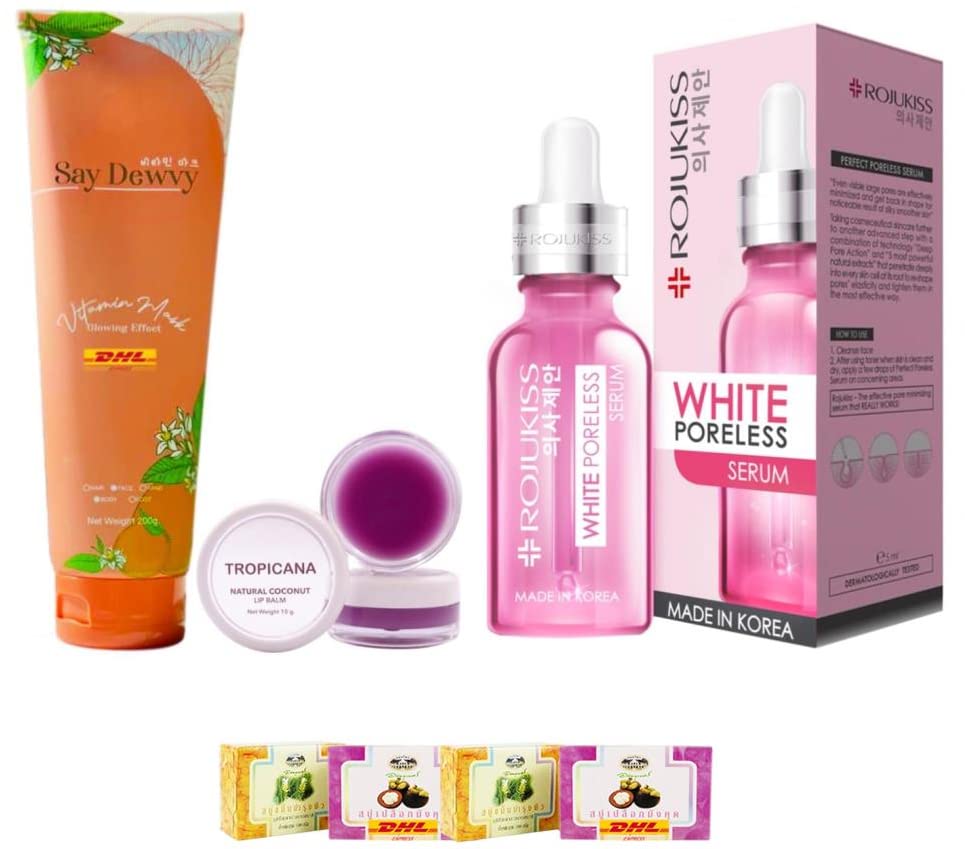 U-7787 Say Dewvy Vitamin Body Mask & Rojukiss Poreless Serum 18ml - Anti-Aging Skincare Set with Free Tomato Facial Mask | DHL Express Shipping by Thaigiftshop | Perfect for Spa Days & At-Home Skincare Routines