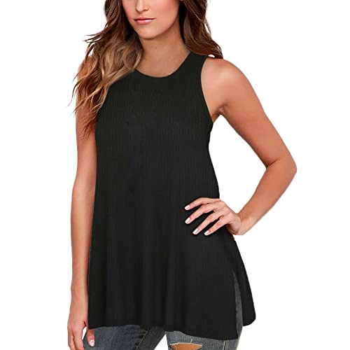 Women's Sleeveless Split Side Tunic Tank Top - Soft Cotton Spandex Blend Summer T-Shirt (Black, XXL) | Casual Wear, Beach Cover-Up, Yoga Outfit, Layering Piece