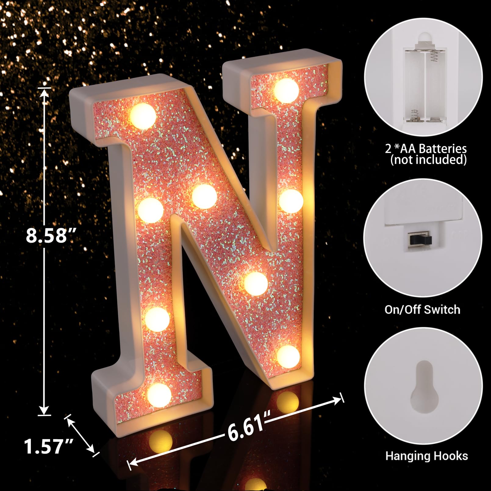 Pink Glitter LED Marquee Letter N - Battery Powered Light Up Alphabet Sign for Home, Party, Wedding, Birthday & Christmas Decor - Perfect for Girls' Room, Bar & Night Light Gift