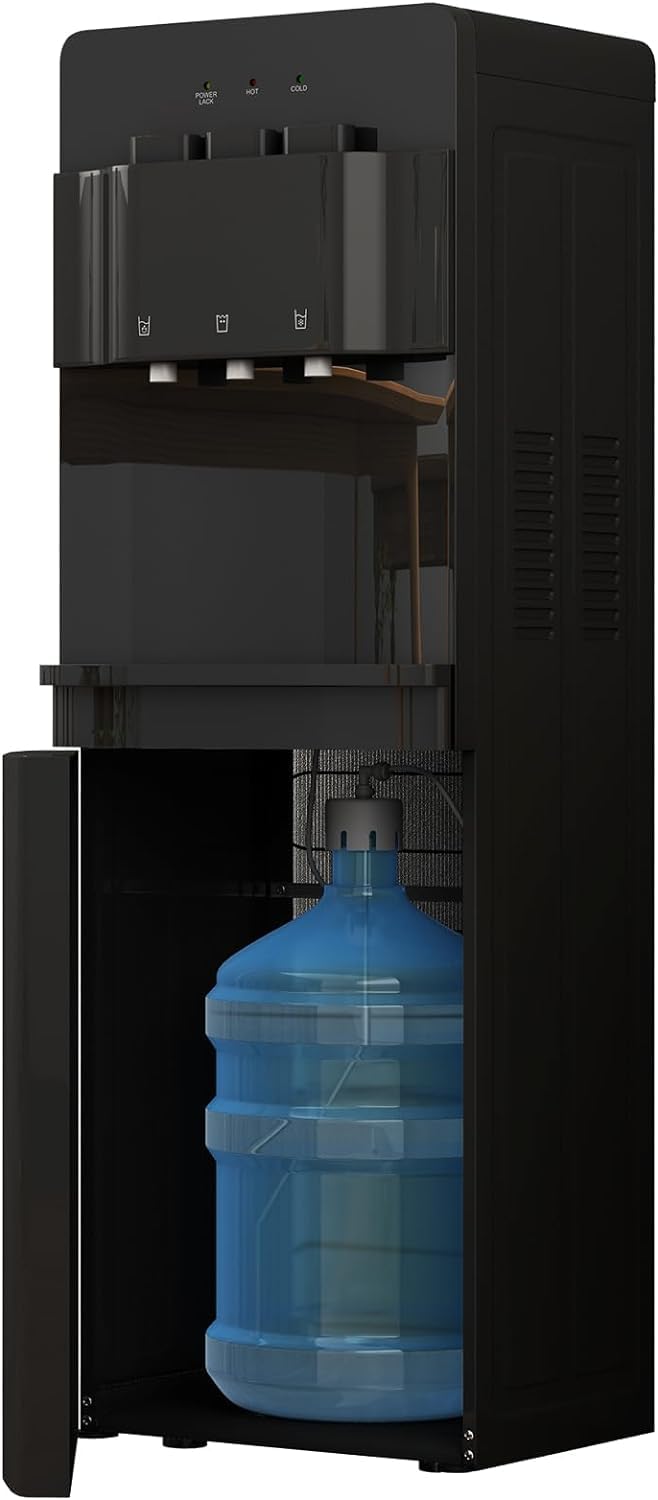 TABU Bottom Loading Water Cooler Dispenser - 3 Temperature Settings (Hot, Cold, Room) with Child Safety Lock & Anti-Scalding Design for 3/5 Gallon Bottles - Perfect for Home, Office & Kitchen (Black)