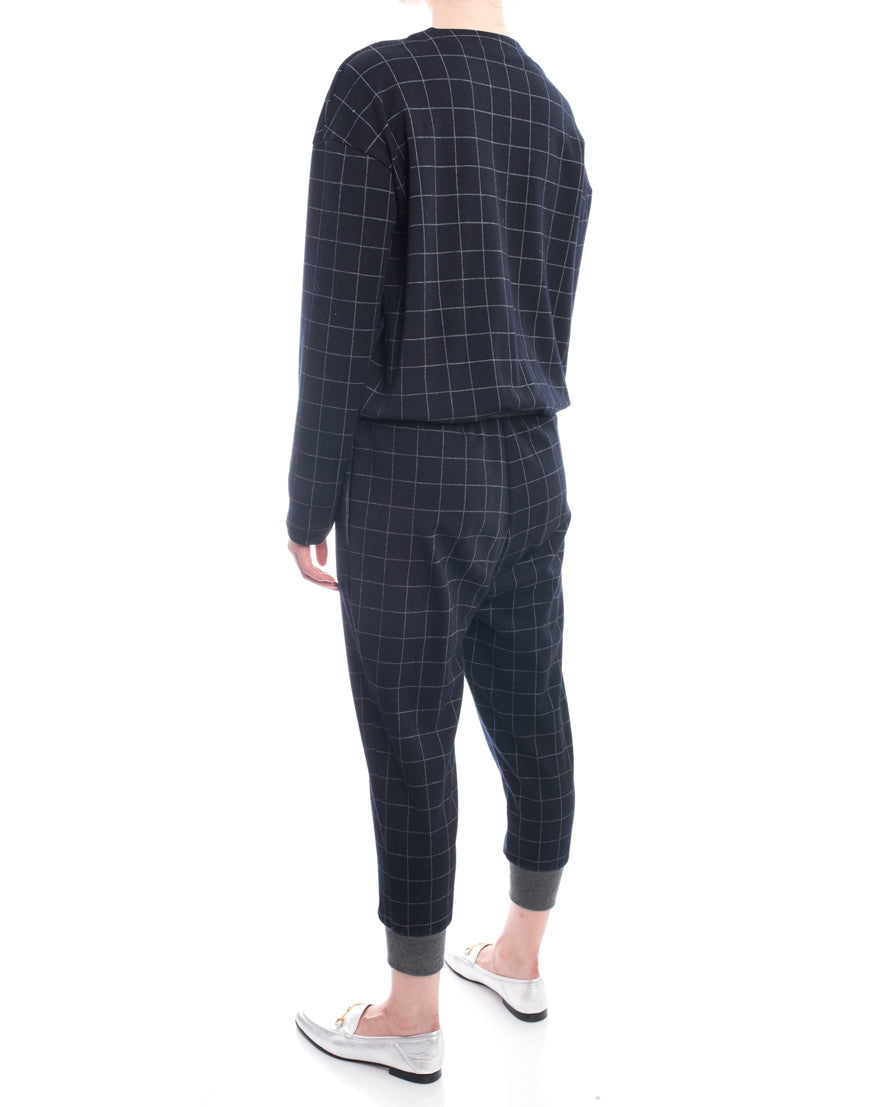 Brunello Cucinelli Navy Blue Wool Check Jumpsuit with Grey Cuffs - Size M | Women's Luxury Fashion for Office & Evening Events