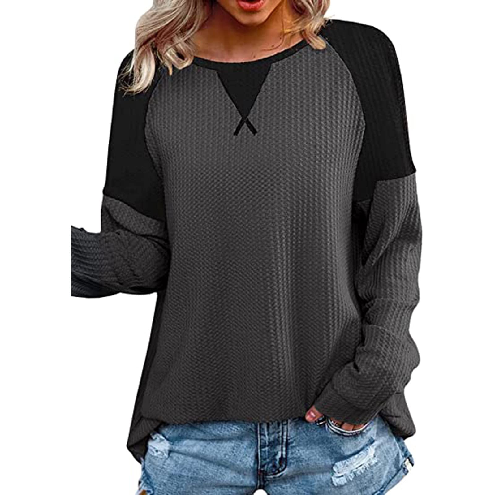 Women's Plus Size Long Sleeve Sweater Blouse - O-Neck Patchwork Tunic Top for Casual Wear & Office Outfits | Fashionable Fall & Winter Layering Essential