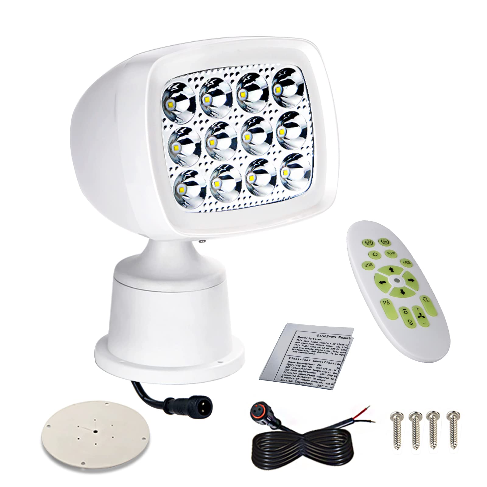 **60W LED Marine Spot Light for Boats - 12-24V Remote Control Searchlight | Perfect for Night Fishing, Docking & Water Sports**