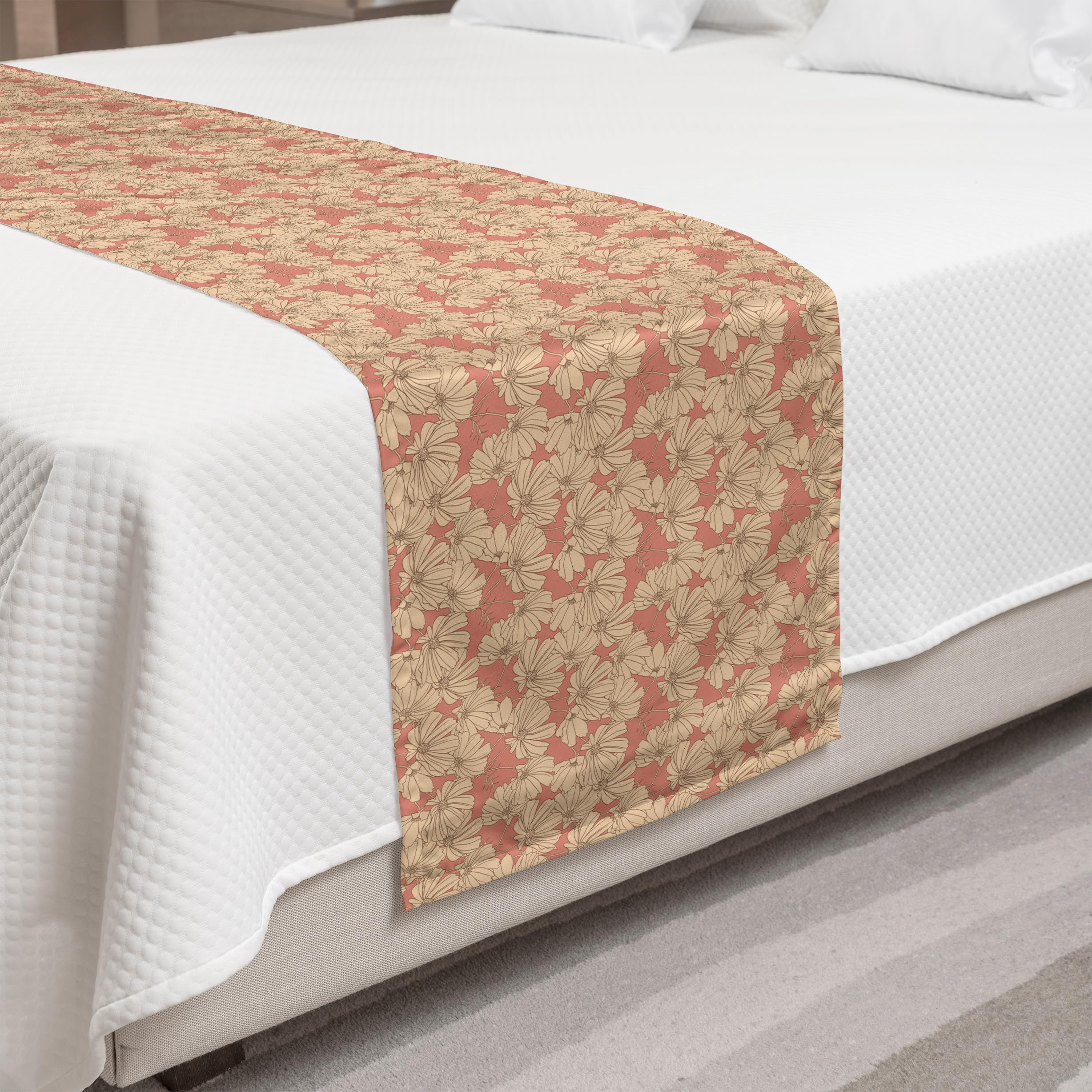 Ambesonne Floral Bed Runner - Hand Drawn Pastel Flower Design, Decorative Bed Scarf for Hotels, Homes & Guest Rooms | Elegant Champagne Coral Accent | Perfect for Bedroom Decor, Wedding Decorations & Cozy Home Styling
