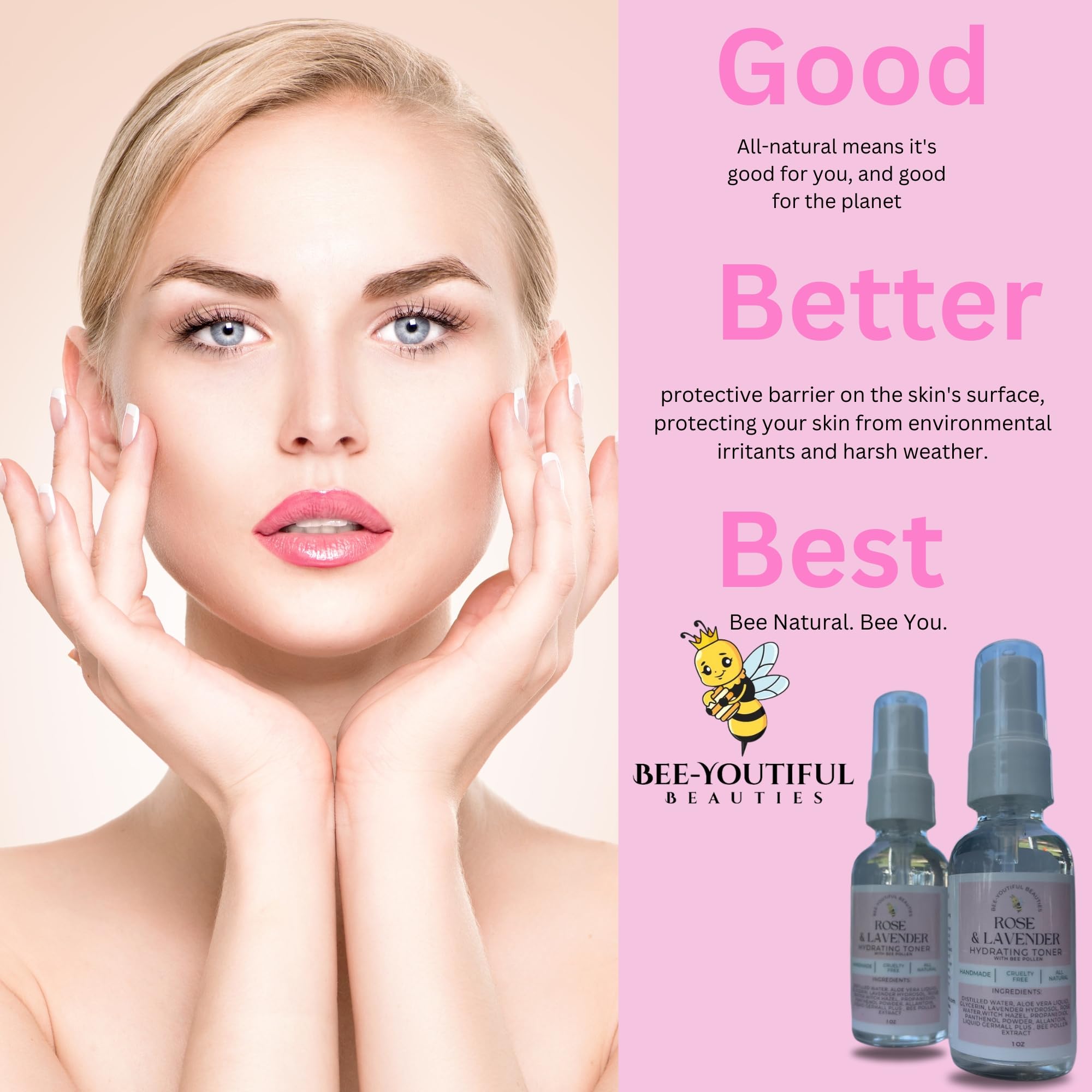 Rose & Lavender Facial Toner with Bee Pollen & Aloe Vera | 1 Oz Hydrating Mist for Glowing Skin | Soothing Toner for Dry & Sensitive Skin | Perfect for Daily Skincare Routine & Post-Workout Refresh