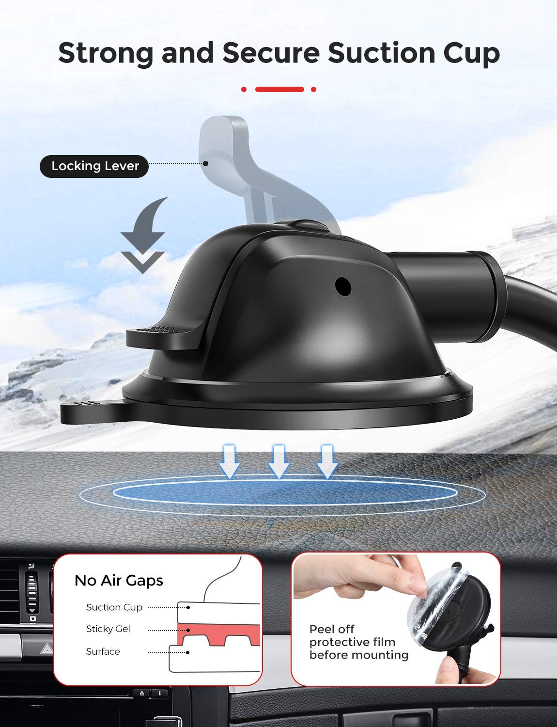 MPOW 139A Long Arm Car Phone Mount - Universal Dashboard & Windshield Cell Phone Holder for iPhone, Samsung, GPS - Hands-Free Driving Accessory for Safe Navigation & TikTok Videos