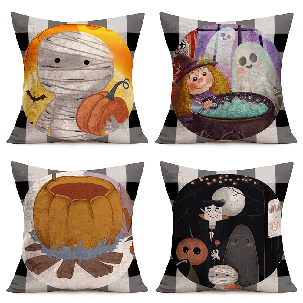 Xihomeli 18x18 Inch Buffalo Check Plaid Cotton Linen Throw Pillow Covers - Halloween Decor Set of 4 with Mummy, Ghost, Witch & Pumpkin Designs - Perfect for Fall Home Decor, Thanksgiving & Christmas Seasonal Pillow Cases