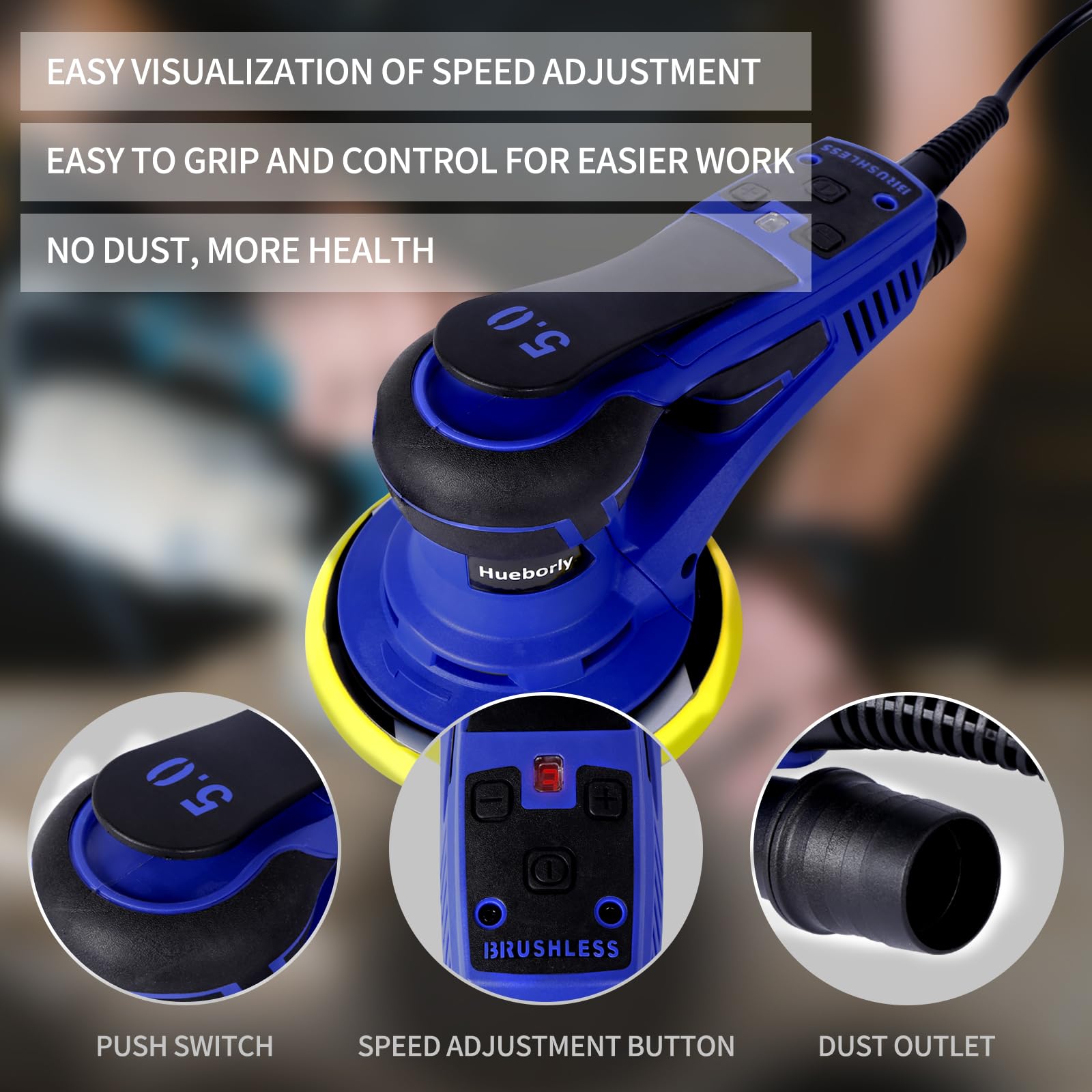 Brushless Electric Random Orbital Sander - 350W Powerful 6-Inch Polisher with 10000 RPM Variable Speed for Wood Sanding, Wall Smoothing, Rust Removal & Car Detailing - Perfect for DIY Projects & Professional Woodworking (Blue)