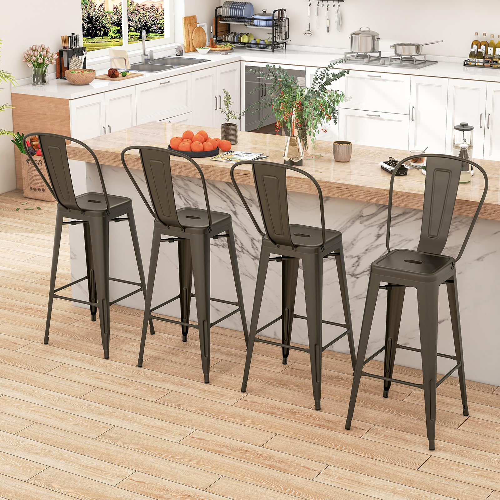 COSTWAY 30'' Metal Bar Stools Set of 4 with Removable Back & Rubber Feet - Modern Kitchen Counter Stools for Dining Room, Home Bar & Breakfast Nook (Gunmetal Finish)