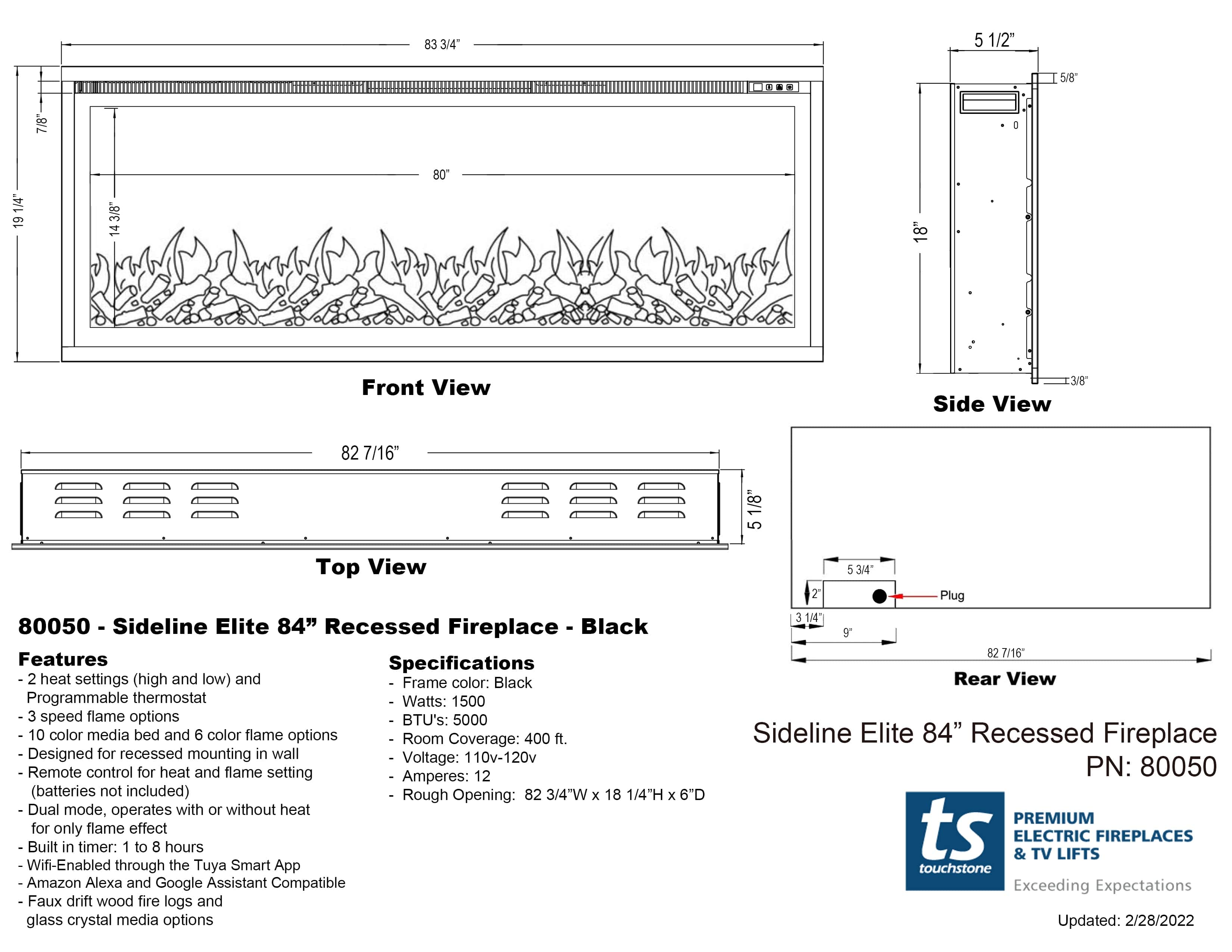 Sideline Elite 84 Inch Recessed Smart Electric Fireplace with Remote Control - Modern Heating Solution for Living Room, Bedroom & Office (Model 80050) - Perfect for Home Decor & Winter Warmth