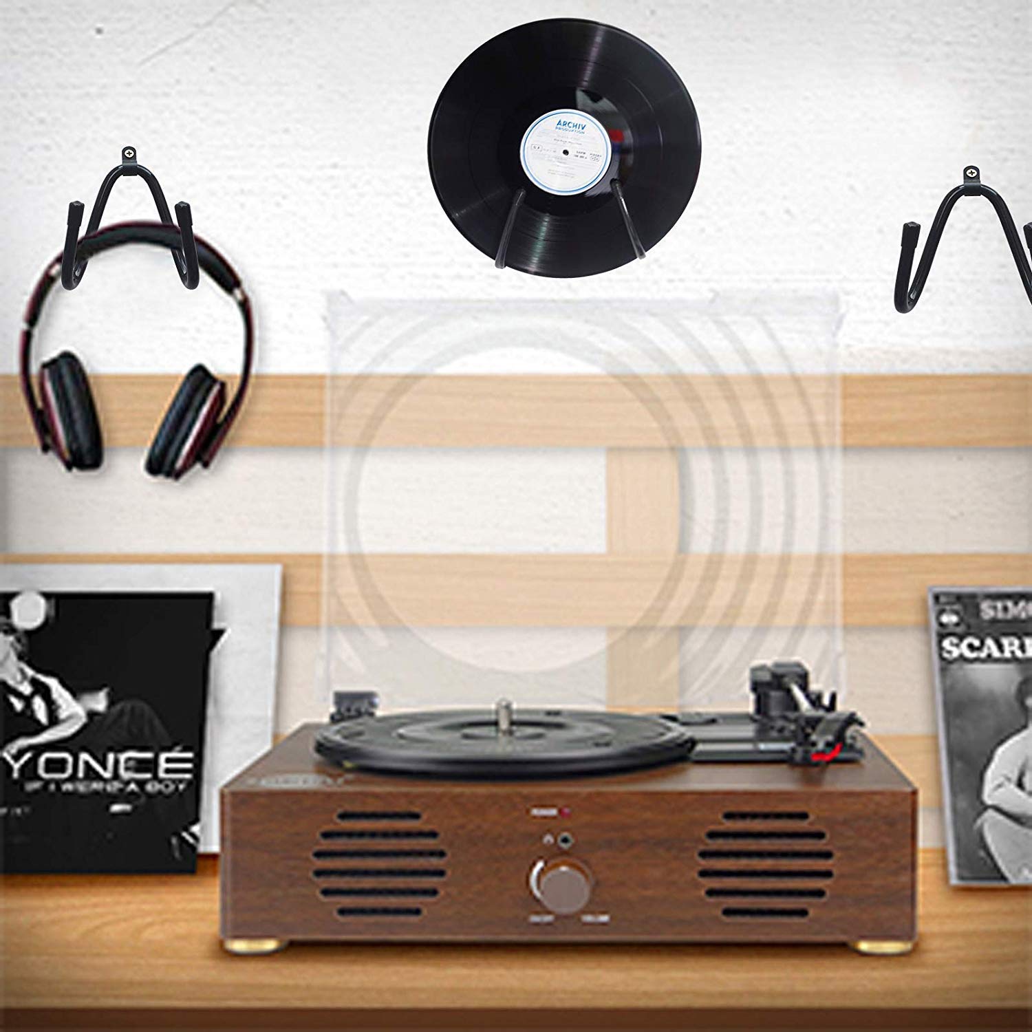 Pmsanzay Vinyl Record Storage Crate - Wall Mounted LP Album Holder for 50+ Records, Stackable & Adjustable Organizer - Perfect for Home Office, Music Studio & Headset Display (Black)