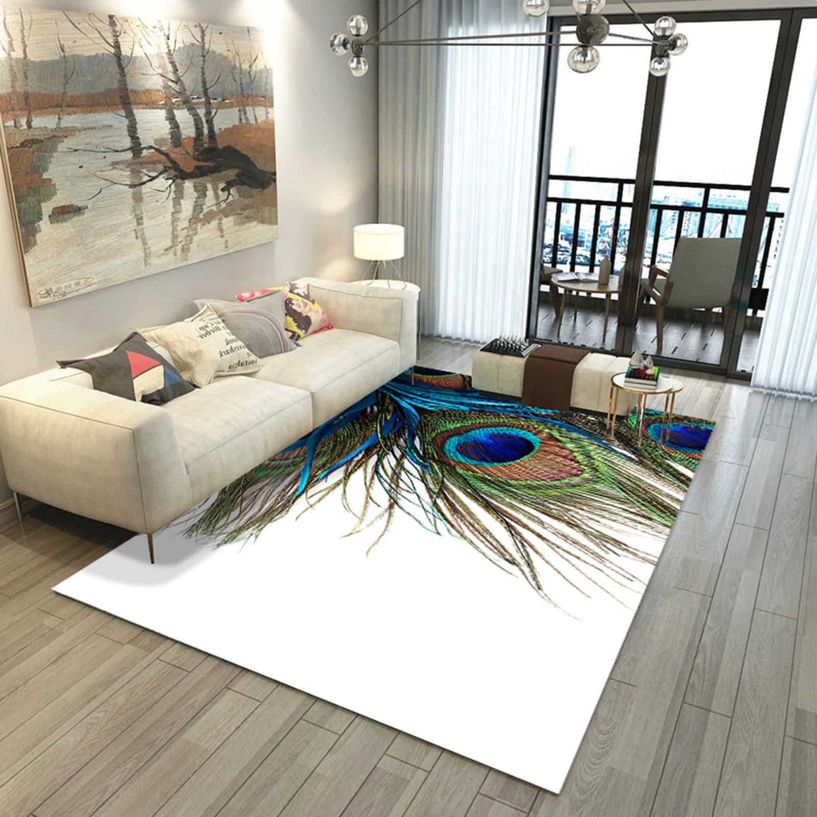 Premium Peacock Feather Area Rug - 63x47 Inch Emerald Green & White Bohemian Floor Mat for Living Room, Bedroom, Hallway & Entryway - Soft Non-Slip Carpet for Home Decor & Yoga Space