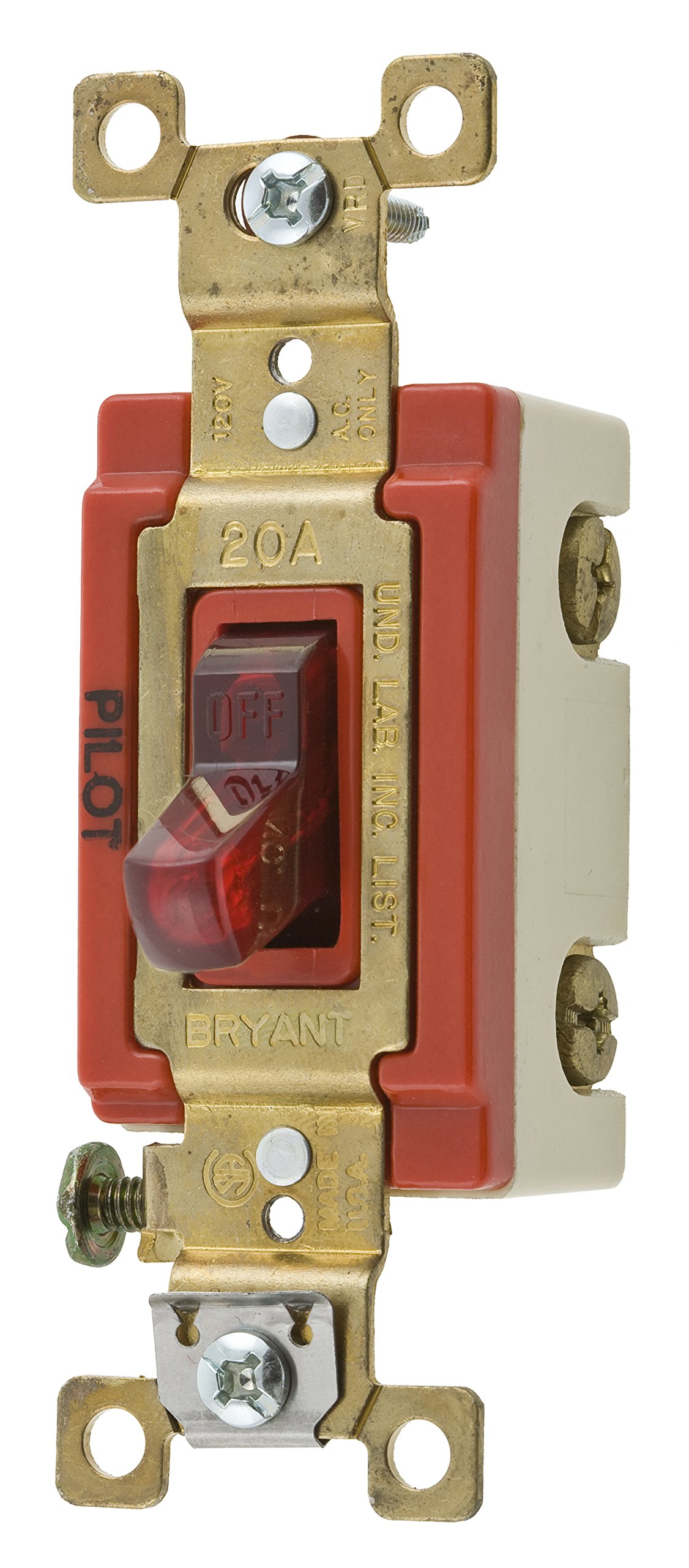 Bryant Electric 4902PLR277 Red Toggle Switch with Pilot Light - 20 Amp, 277V, Double Pole, Industrial Grade - Back & Side Wired for Easy Installation - Perfect for Commercial Buildings, Factories & Industrial Equipment Control
