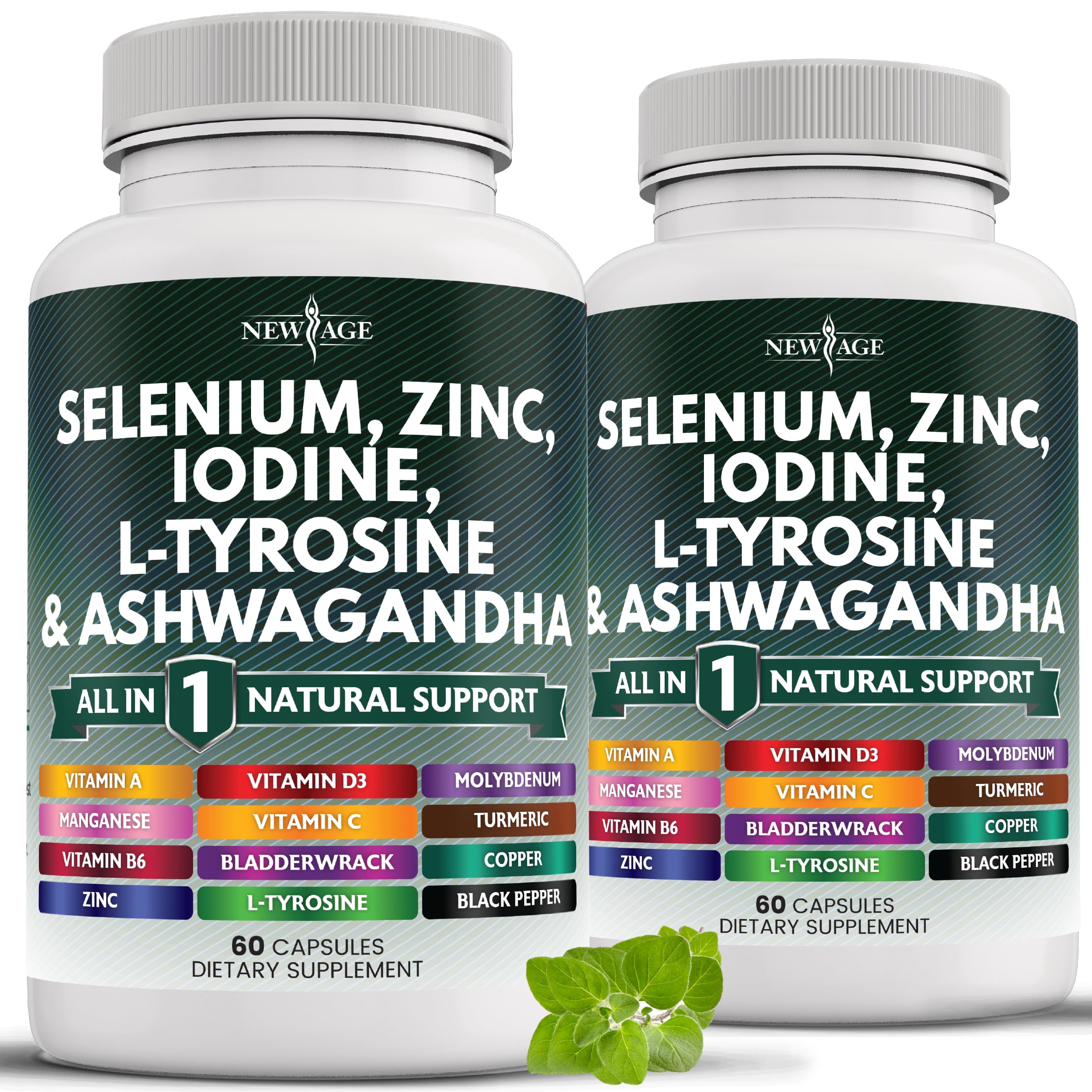 NEW AGE Selenium Zinc Iodine Supplement with L-Tyrosine, Ashwagandha, Bladderwrack & Turmeric - Thyroid Support for Men & Women - 120 Capsules - Boost Energy & Metabolism for Active Lifestyle