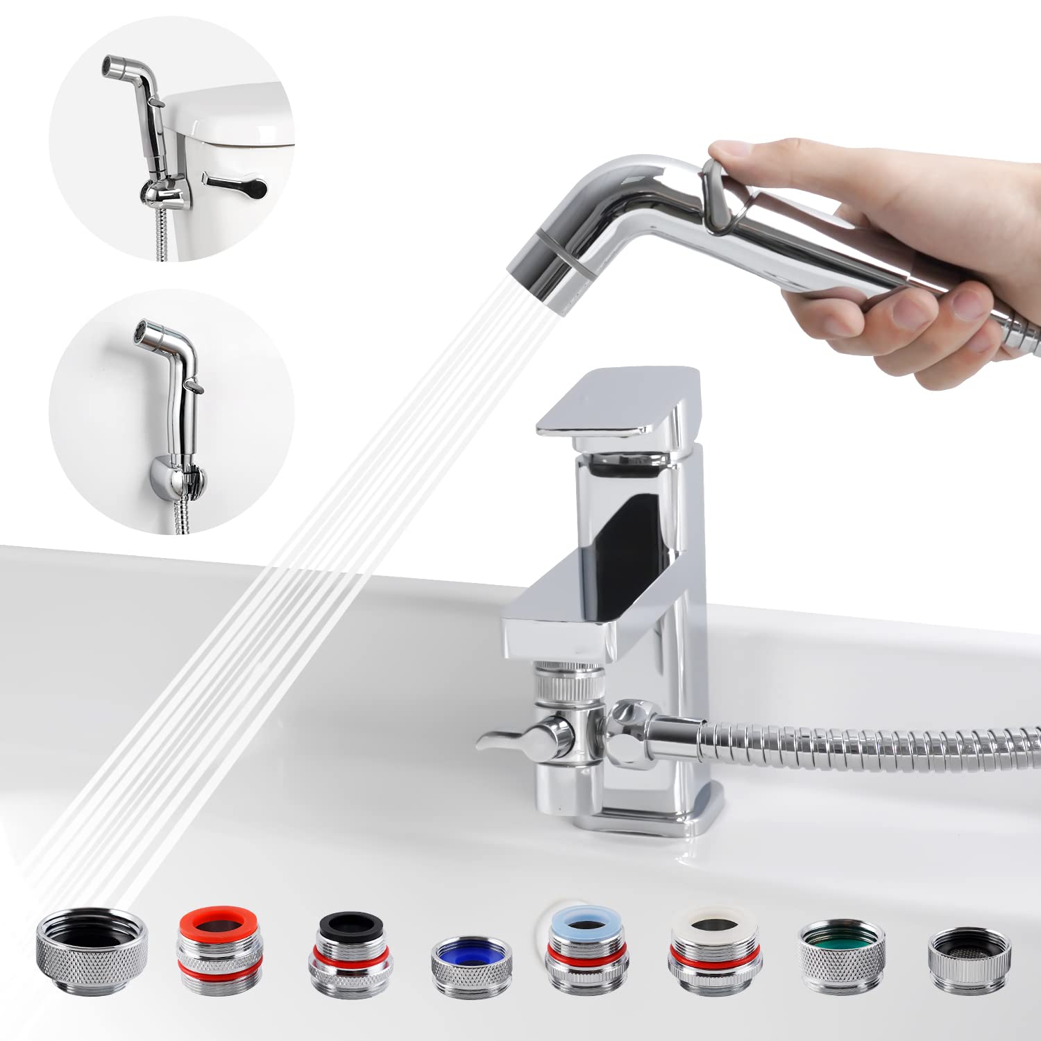 iFealClear Handheld Bidet Sprayer & Sink Faucet Hose Shower Attachment - Dual-Spray Faucet Extension with 8 Adapters for Hair Washing, Pet Rinse, Bathroom Cleaning, Kitchen & Garden Use - Perfect for Bathrooms, Kitchens, Outdoor Washing & Pet Care