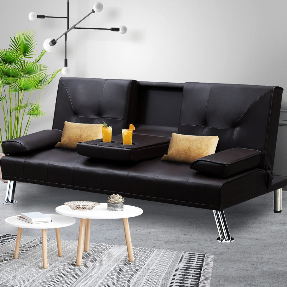Adjustable Leather Sofa Bed 3-Seater Recliner with Cup Holders - Brown Convertible Futon Couch for Living Room, Guest Room, and Small Spaces