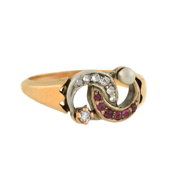 14K Gold Victorian Style Double Crescent Ring with Diamond, Pearl & Ruby - Elegant Vintage Jewelry for Weddings, Anniversaries & Special Occasions