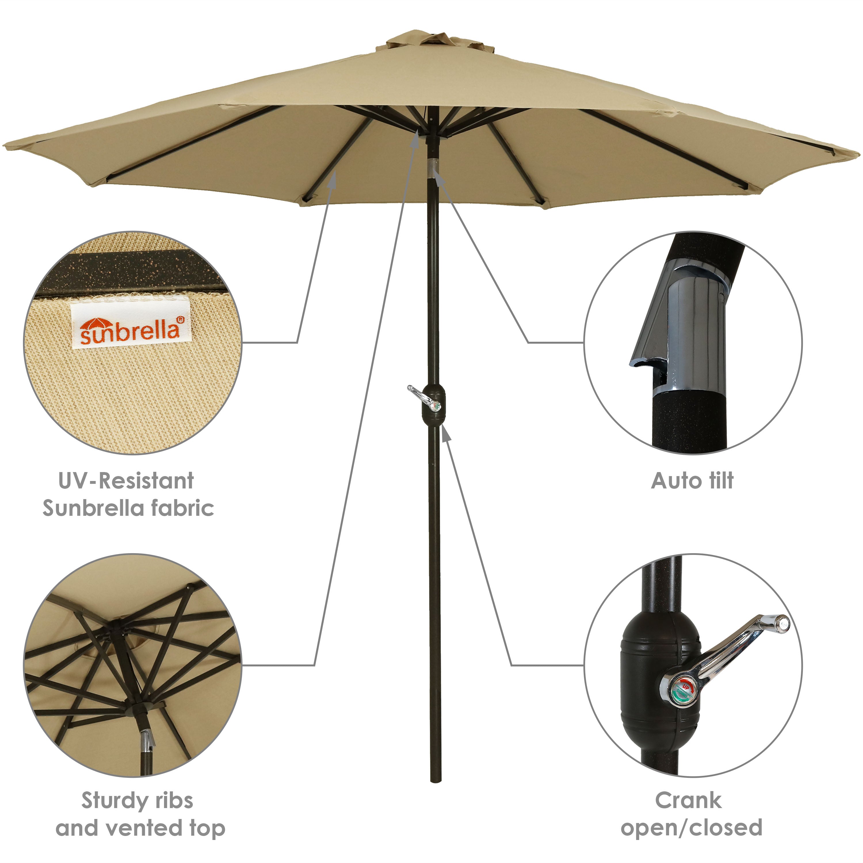 Sunnydaze 9-Foot Aluminum Patio Umbrella with Auto-Tilt & Crank - UV-Resistant Sunbrella Fabric for Outdoor Dining, Poolside, and Backyard Relaxation