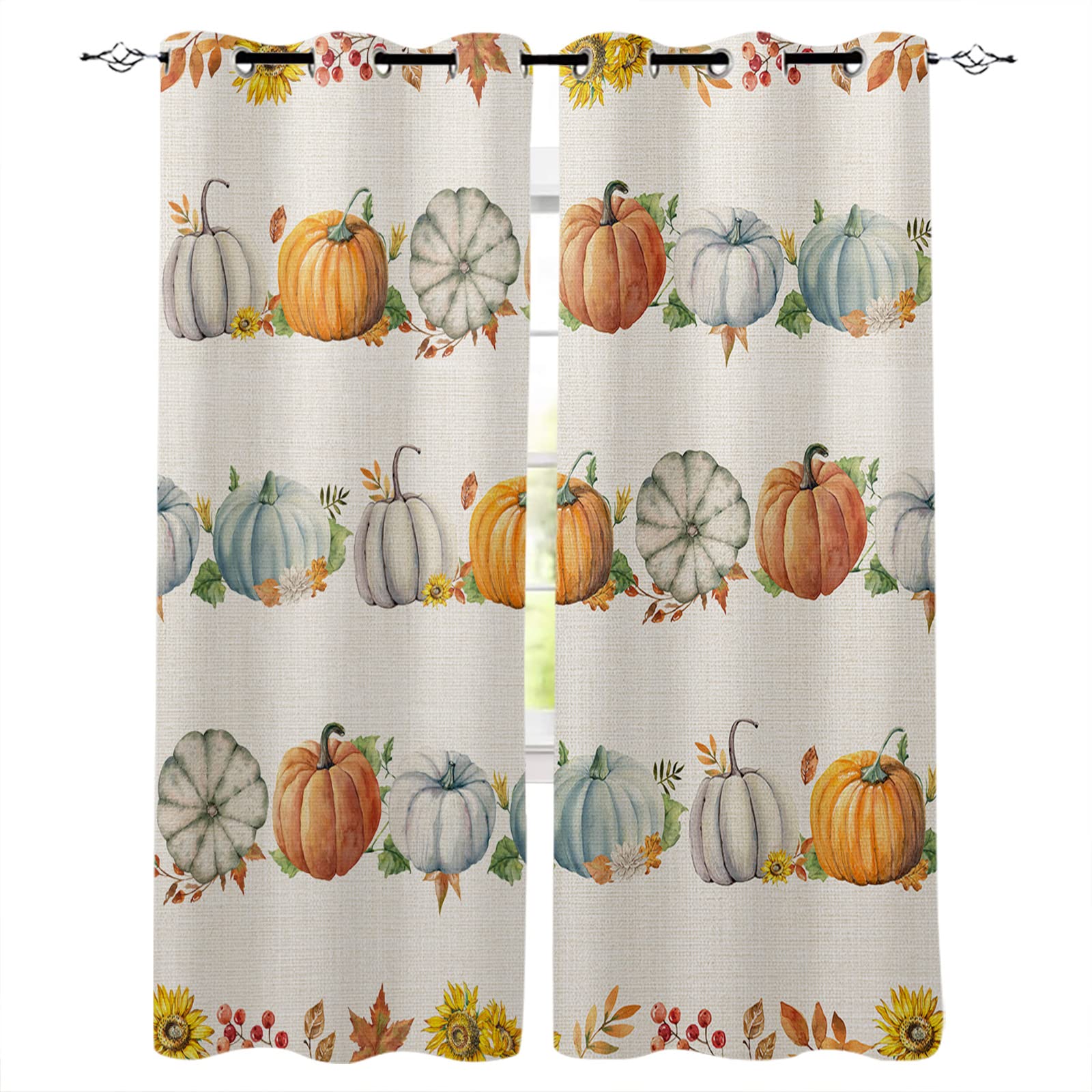 Thanksgiving Blackout Curtains - Thermal Insulated Room Darkening Drapes with Pumpkin Sunflower & Fall Maple Leaves Design, 63 Inch Length Grommet Window Curtains (Set of 2 Panels) for Living Room & Bedroom - Perfect for Holiday Decor, Light Blocking & Energy Efficiency