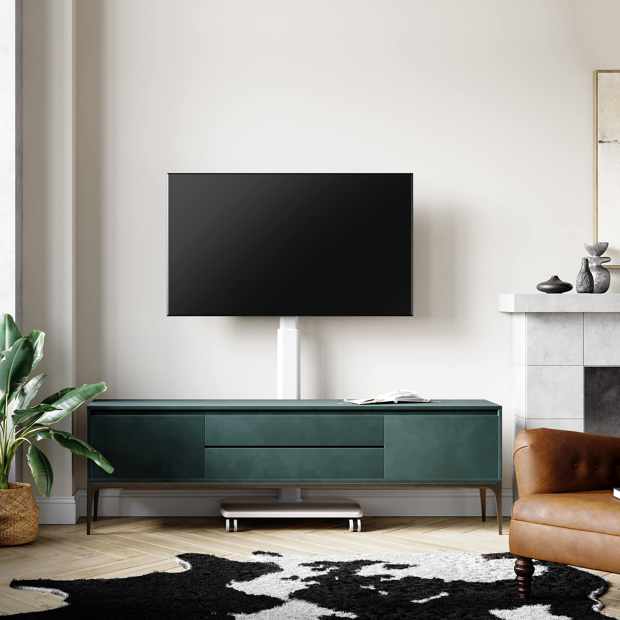FITUEYES Adjustable Height Mobile TV Stand with Swivel Wheels & Wood Base - Universal for 32 to 65 Inch TVs (White) - Perfect for Living Room, Bedroom, or Office Entertainment Setup
