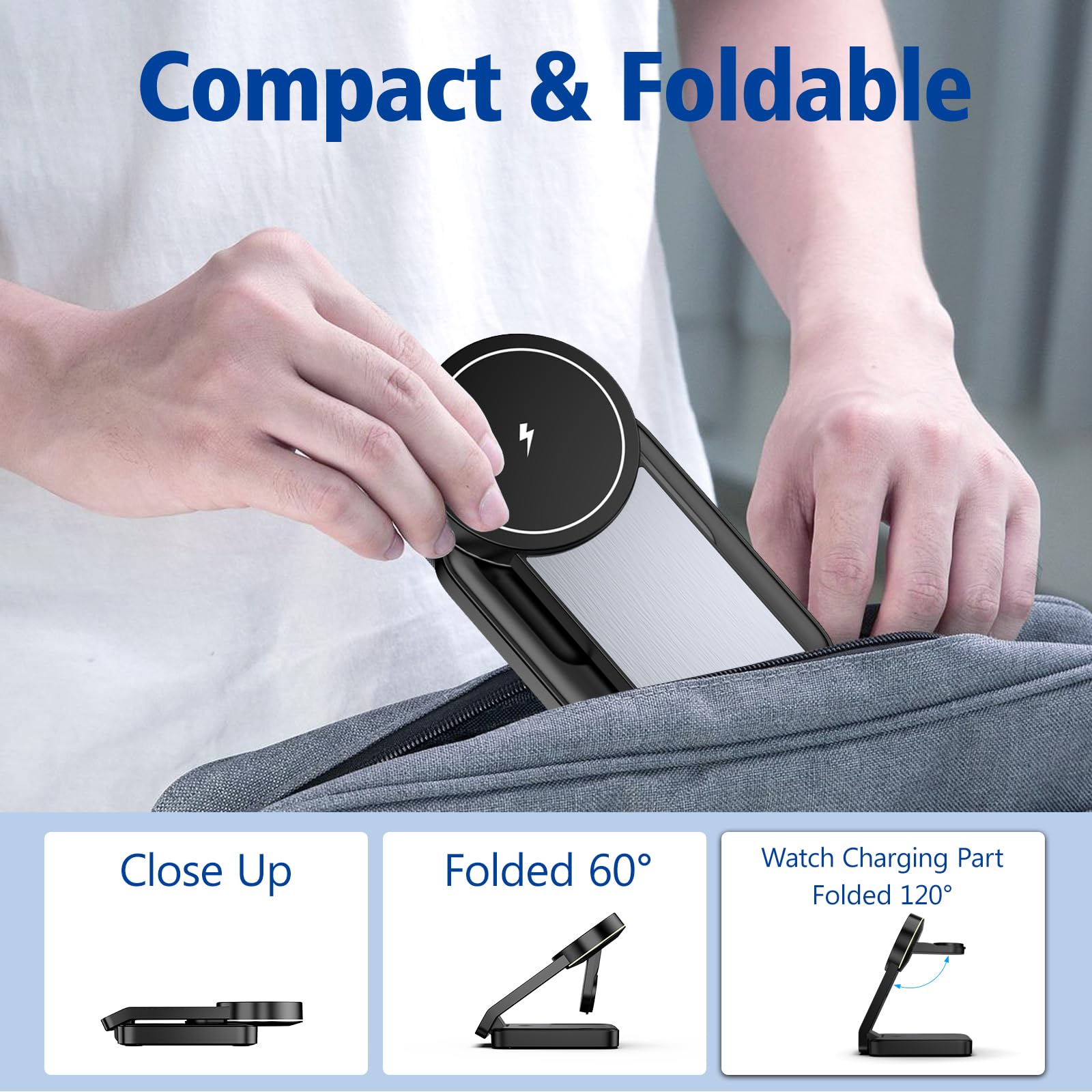 3-in-1 Foldable Wireless Charging Station for iPhone 16/15/14/13/12 (MagSafe Compatible), Apple Watch 10/9/8/7 & AirPods - Fast Charging Stand for Apple Devices | Perfect for Nightstand, Office Desk & Travel Use