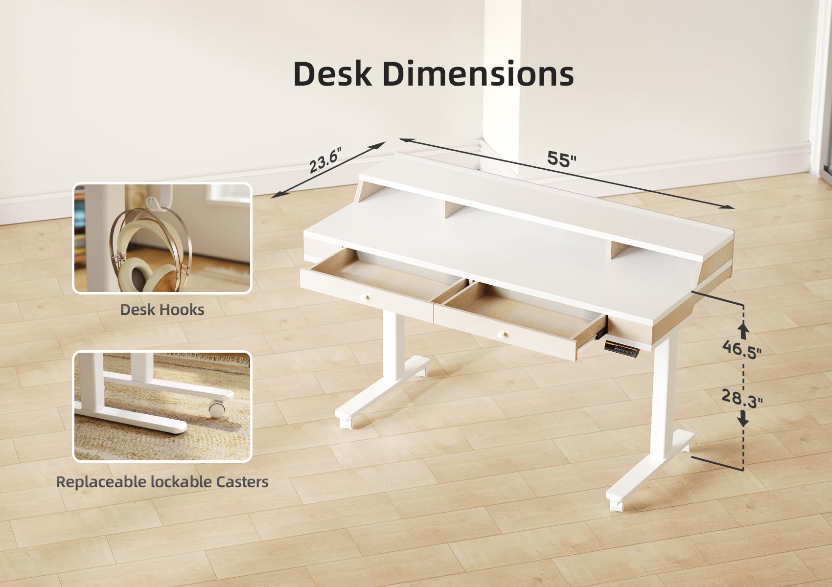 Claiks 55 Inch Electric Adjustable Standing Desk with Drawers & Storage Shelves - Height Adjustable Sit Stand Desk with Wheels, White | Perfect for Home Office, Gaming Setup & Workspace Ergonomics