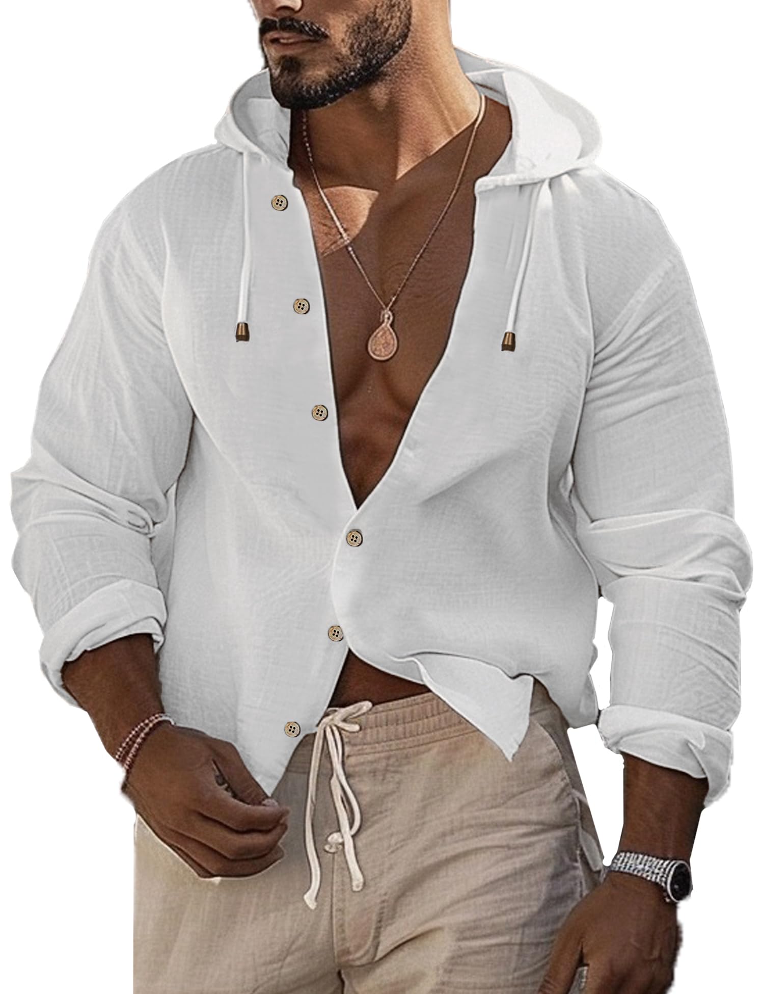 Men's Linen Shirts - Casual Long Sleeve Button Down Shirt with Roll-Up Sleeves & Hood | Breathable Summer Beachwear for Outdoor Activities & Travel