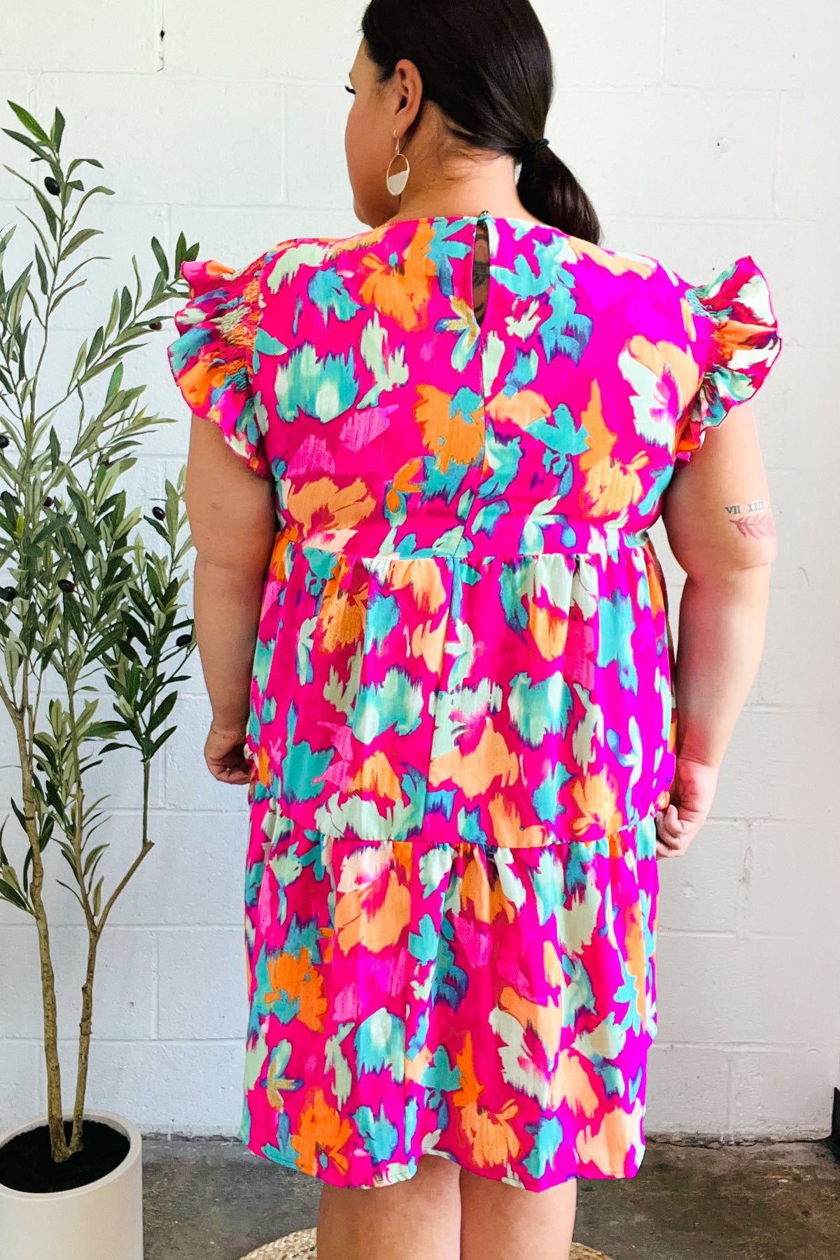 Look of Love Fuchsia Abstract Floral Print Smocked Ruffle Sleeve Dress - Elegant Women's Party & Wedding Guest Dress for Special Occasions