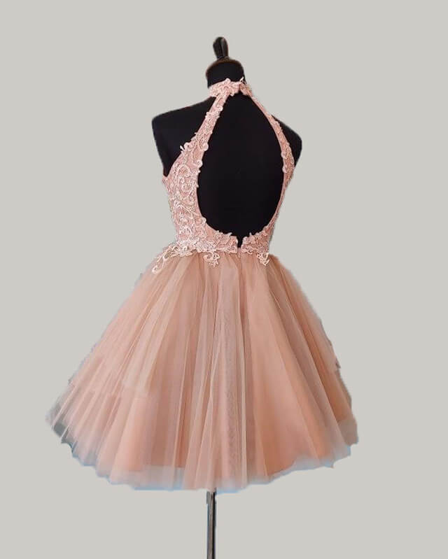 Elegant Blush Pink Halter Tulle Homecoming Dress with Lace Embroidery - Perfect for Prom, Formal Dances & Special Occasions