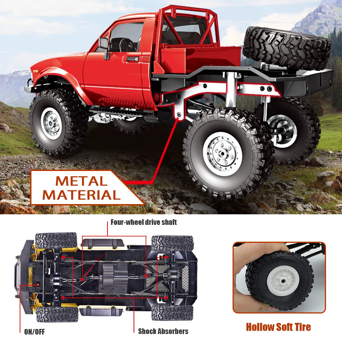 1/16 Scale RC Rock Crawler - WPL C14 4x4 Off-Road Remote Control Truck with LED Lights & 2 Batteries | All Terrain RTR RC Car for Adults & Kids | Outdoor Adventure, Backyard Crawling, Trail Exploration