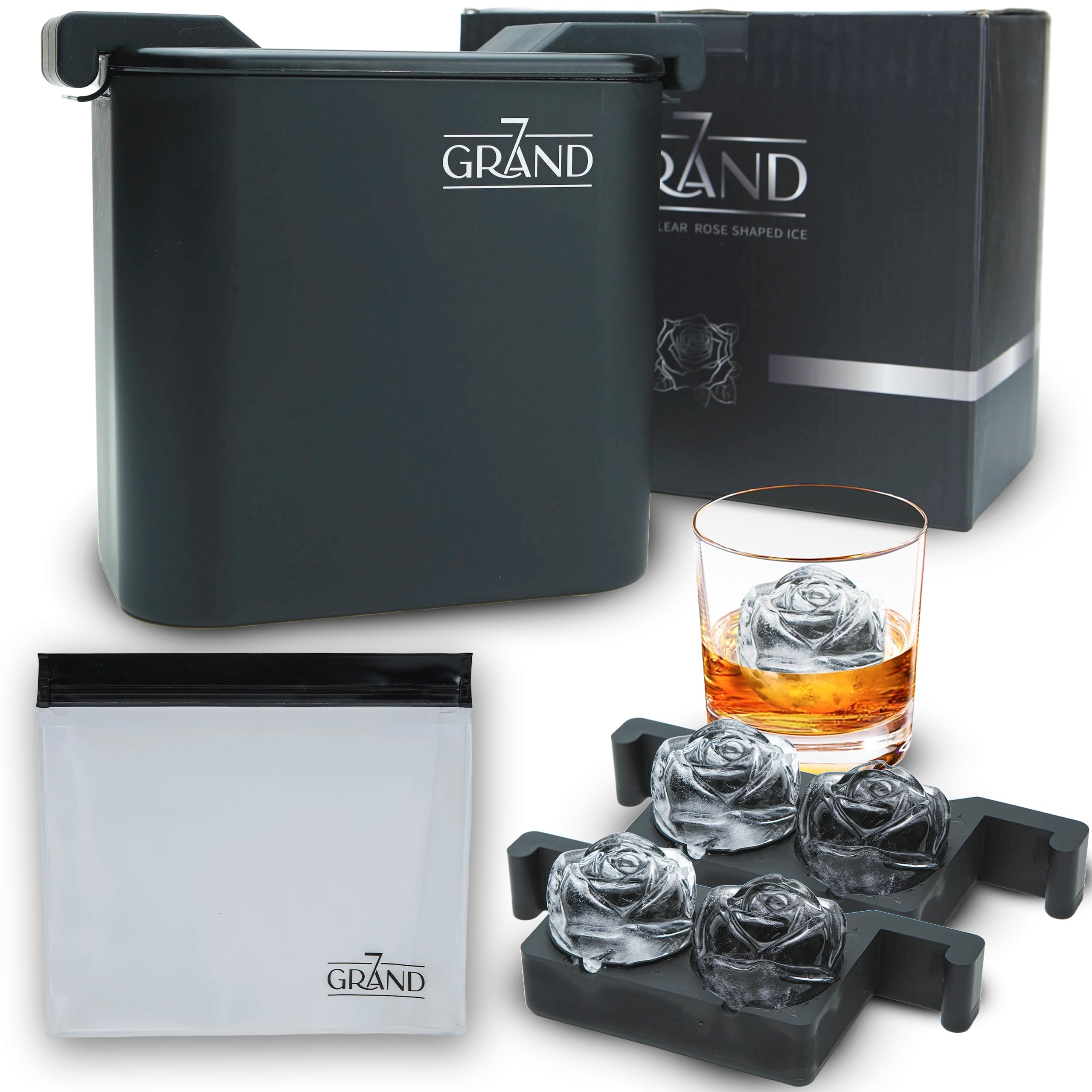 Premium 2-Piece Crystal Clear Ice Ball Maker Set - Large Round Rose Shaped Ice Cube Mold for Cocktails & Whiskey - Durable Freezer-Safe Silicone Ice Maker with Container - Perfect for Home Bars, Parties & Gifts
