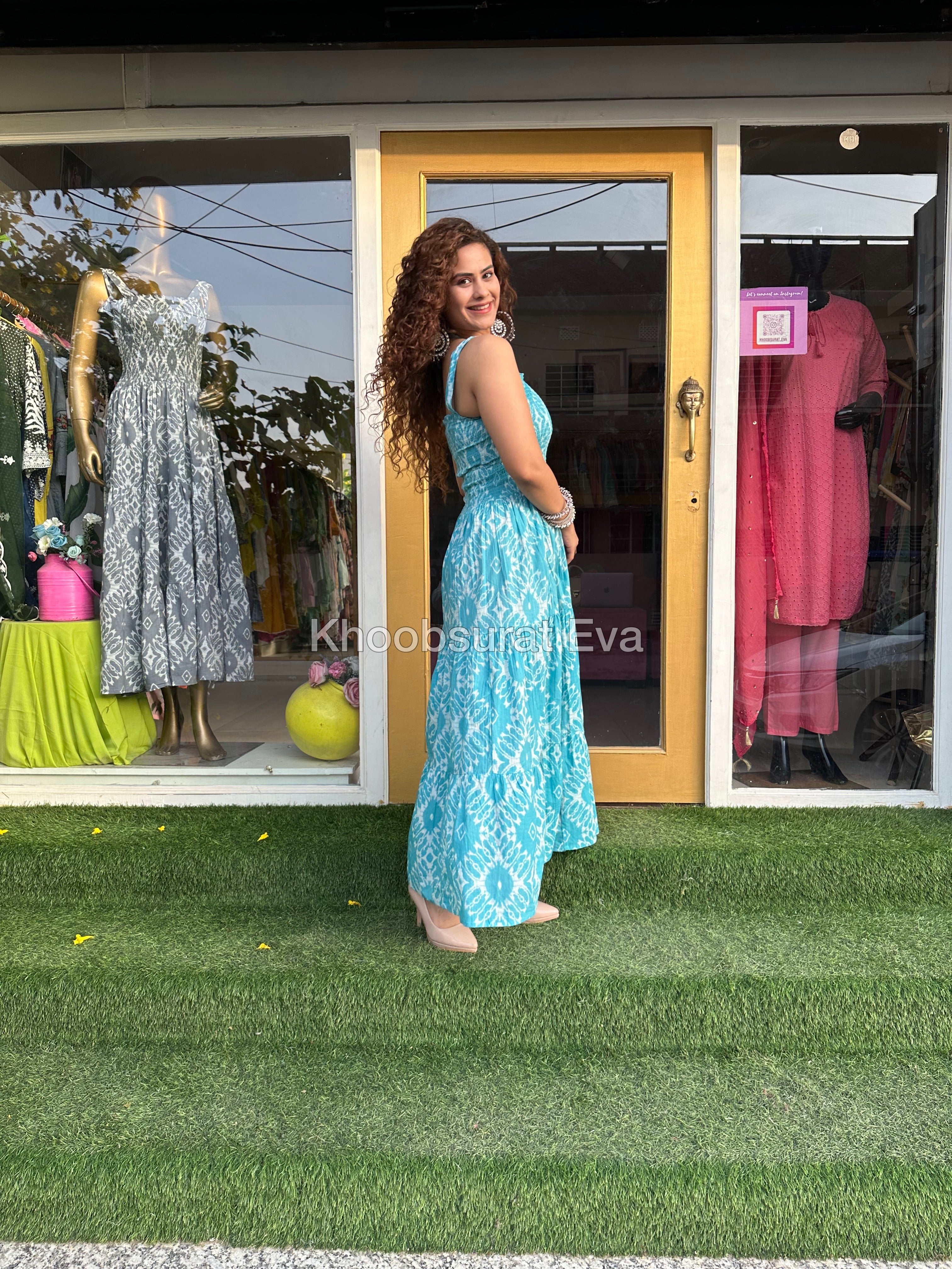 Blue Cotton Tiered Maxi Dress for Women - Flowy Boho Summer Dress with Pockets - Perfect for Beach, Vacation, and Casual Outings
