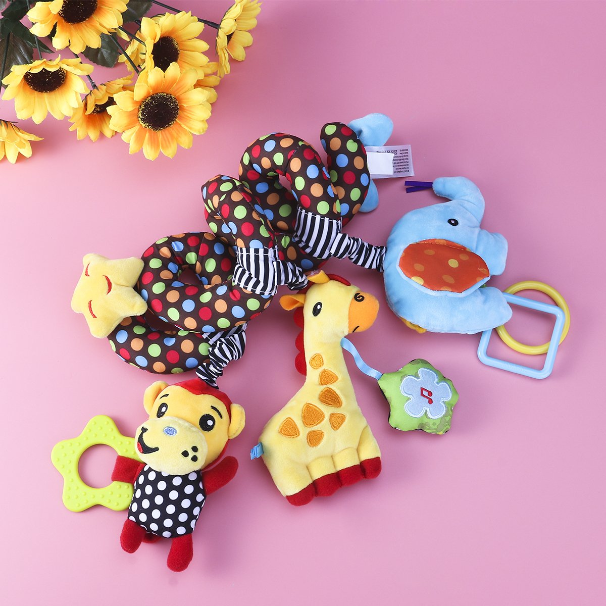 TOYMYTOY Spiral Stroller Toy for Babies - Soft Plush Monkey & Elephant with Rattles, Educational Sensory Toy for Infants 0-12 Months - Perfect for Crib, Stroller & Playtime