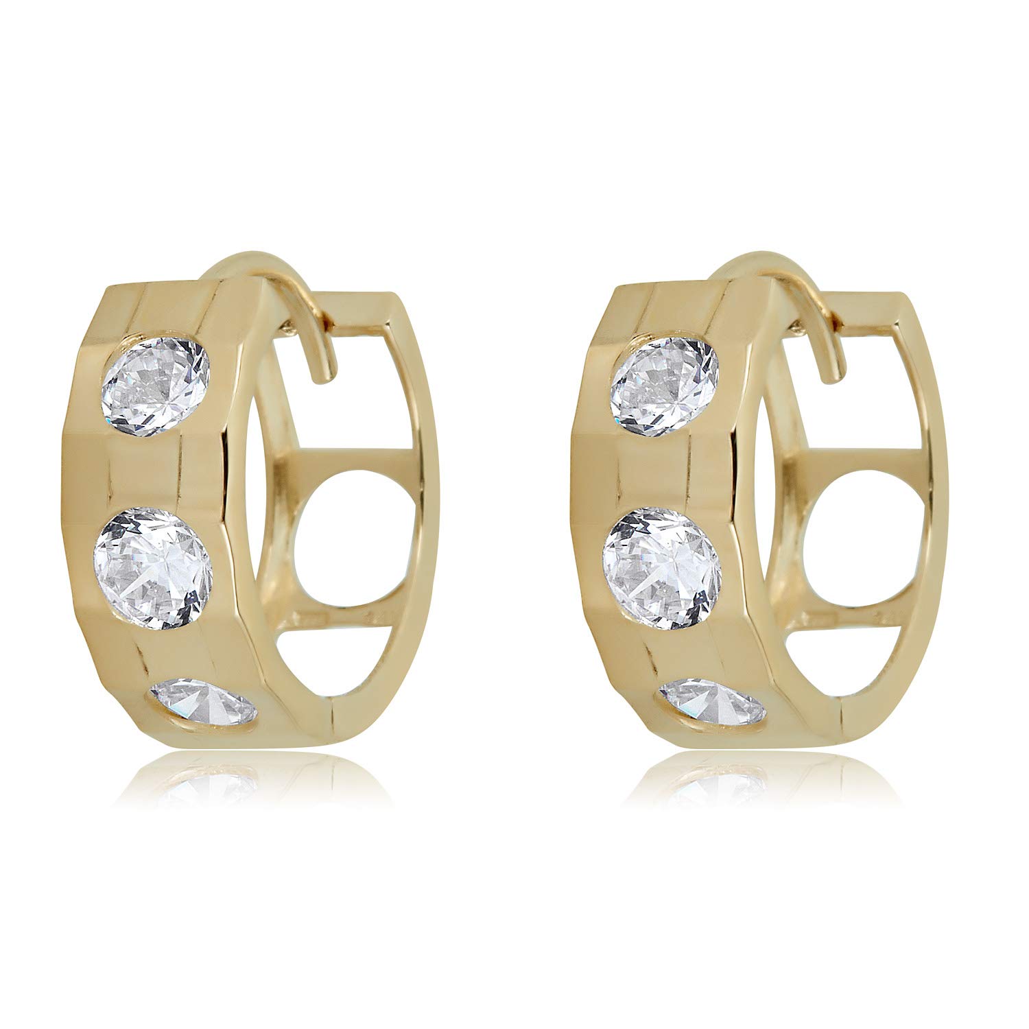 AVORA 14K Yellow Gold Fancy Simulated Diamond CZ Huggie Hoop Earrings for Women - Elegant Everyday Jewelry for Work, Date Night & Special Occasions