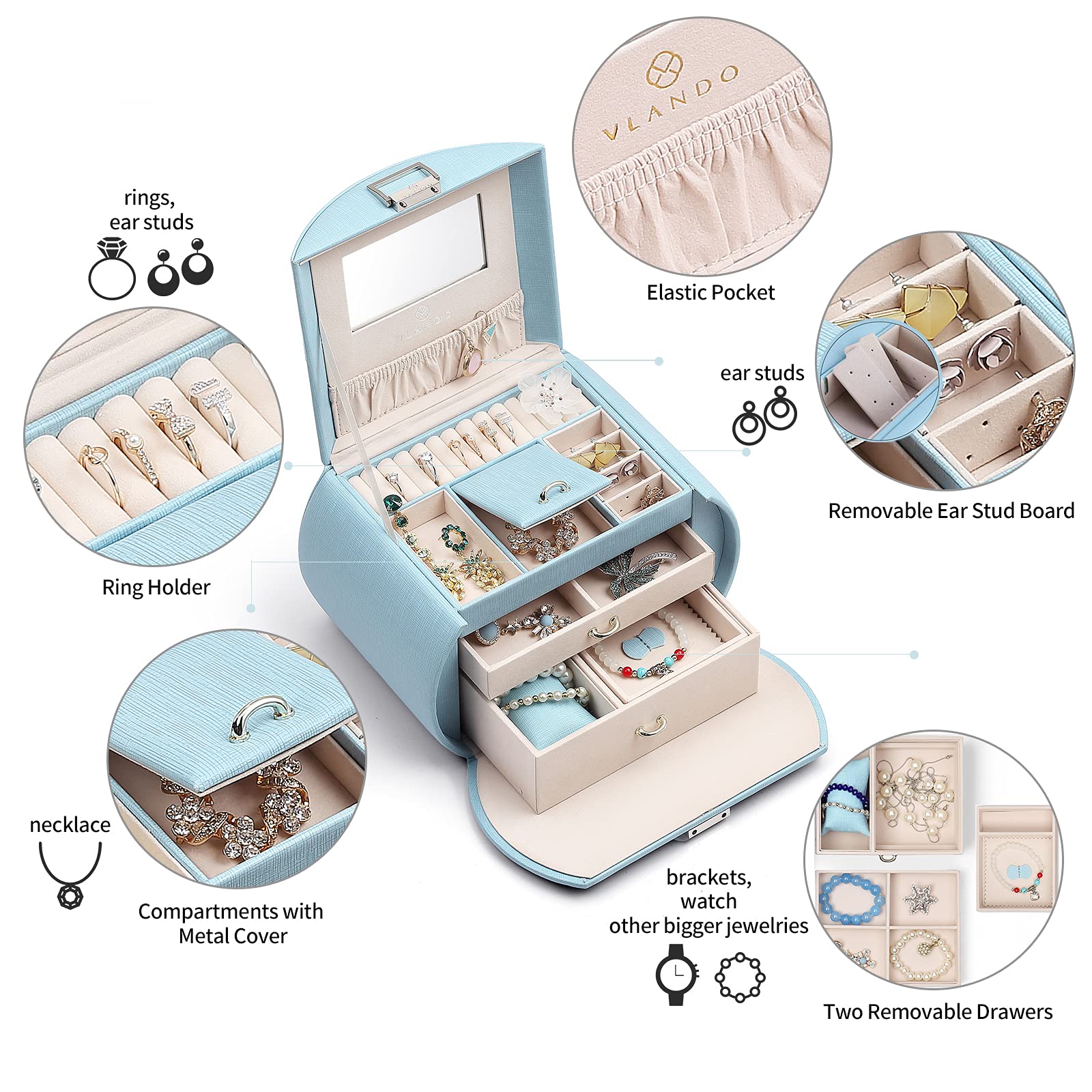 Vlando Princess Style 3-Layer Jewelry Box with Mirror for Girls 8-12 | Kids Jewelry Storage Organizer | Perfect Birthday Gift for Girls (Blue) - Ideal for Bedroom Decor & Jewelry Organization