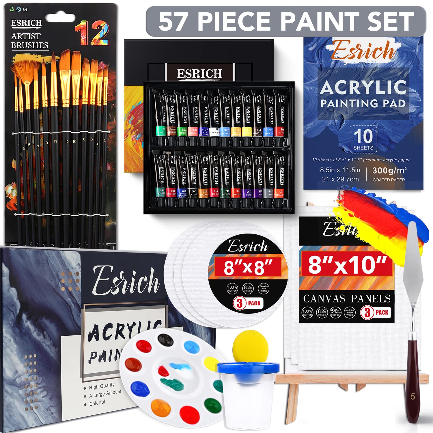 57 PCS Professional Acrylic Paint Set with Brushes, Easel, Canvases, Painting Pads, Palette & Accessories - Perfect for Beginners & Artists - Ideal for Canvas Painting, DIY Art Projects & Home Decor