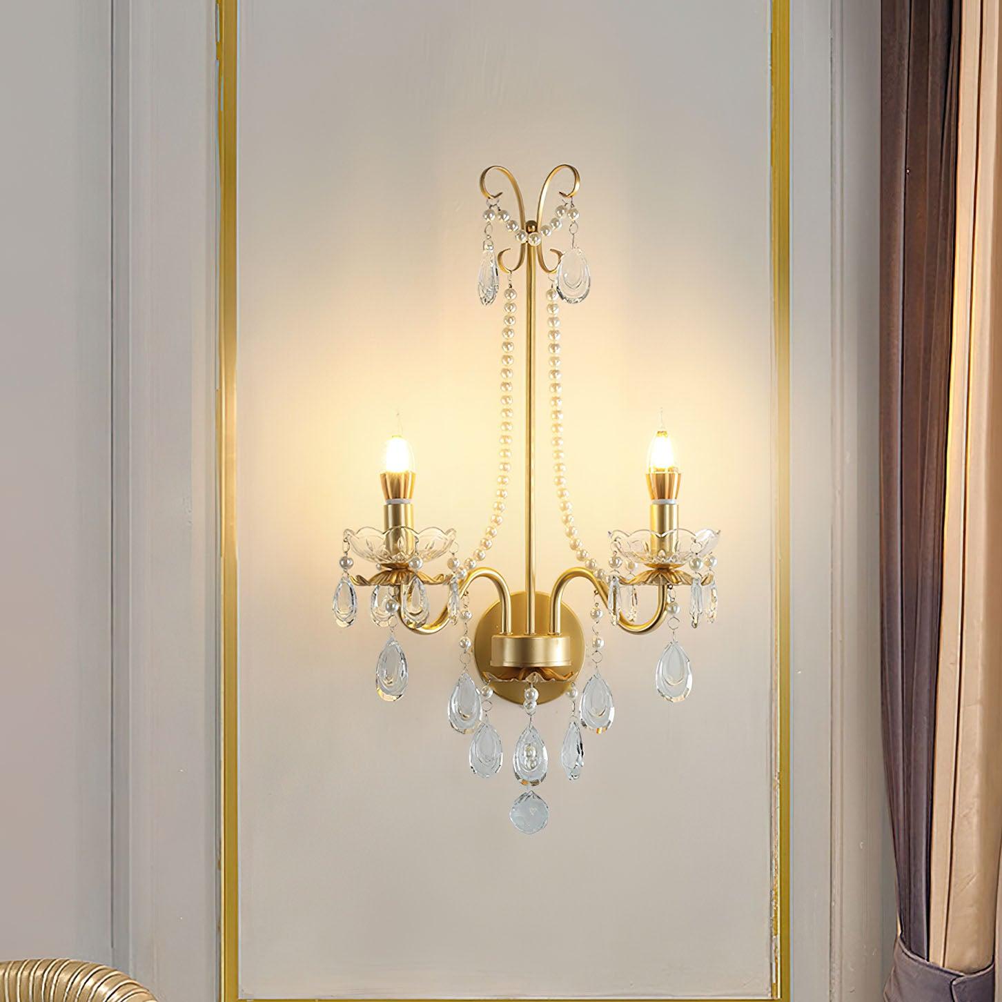 Elegant Crystal Pearl Chain Wall Lamp - Modern LED Sconce Light for Bedroom, Living Room, and Hallway Decor - Dimmable Ambient Lighting for Home & Office