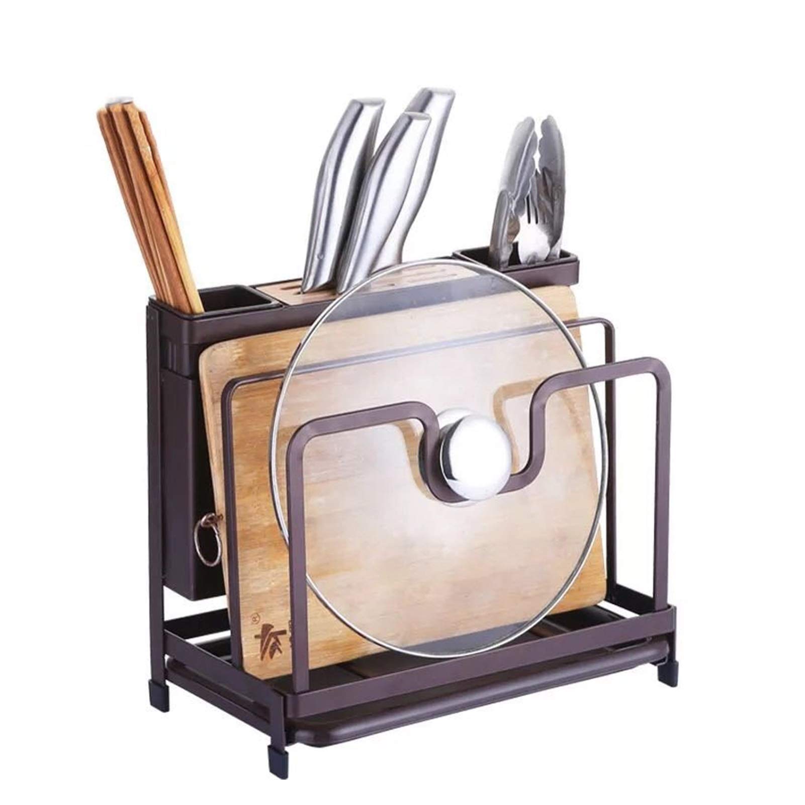 Multifunctional Kitchen Storage Rack with Drip Tray - Cutting Board Holder, Utensil Organizer, Flatware Caddy & Pot Lid Stand (Black) - Perfect for Countertop Organization & Small Space Kitchens