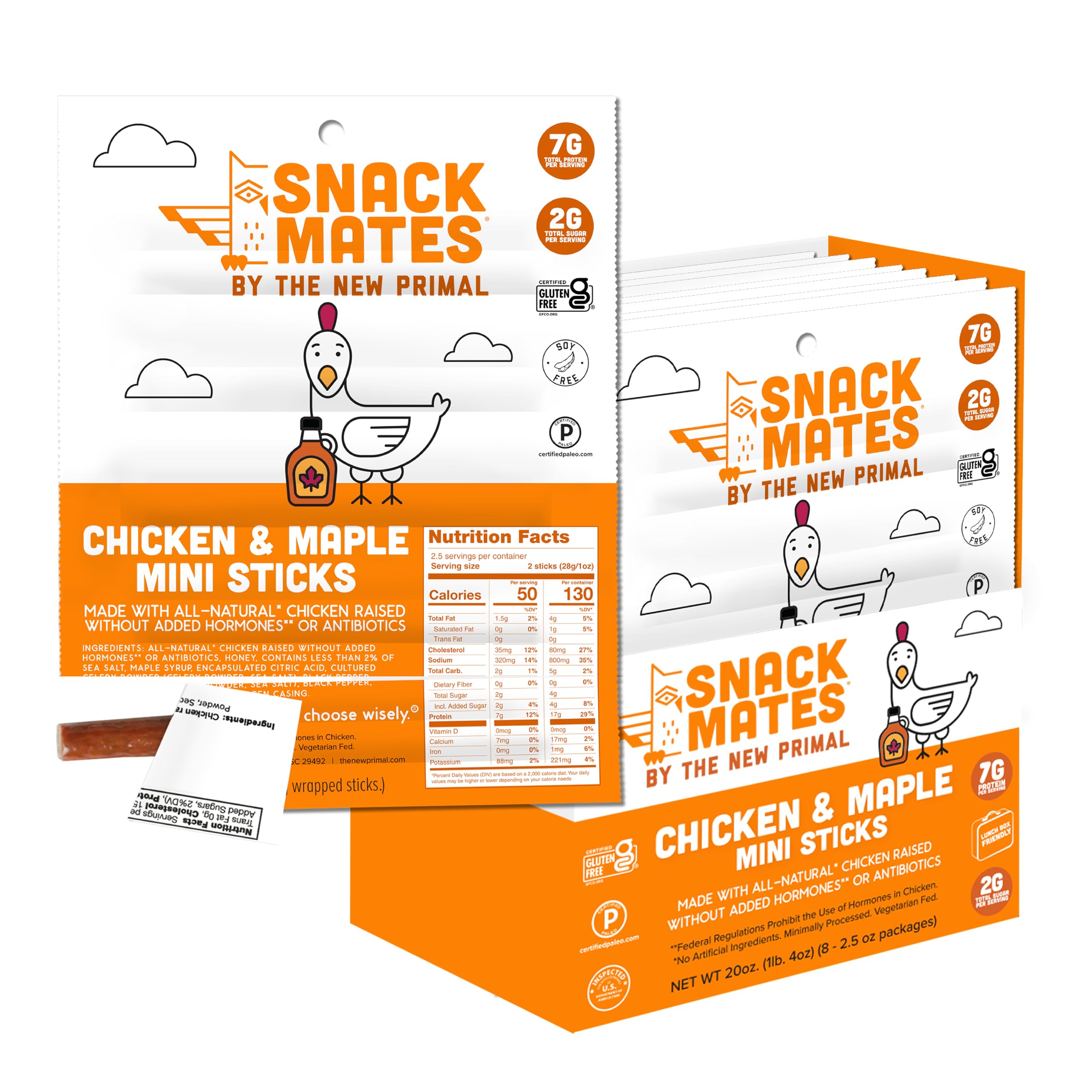 The New Primal Snack Mates Chicken & Maple Sticks – Gluten Free, Low Sugar, High Protein (7g) Healthy Kids Snacks – 50 Calorie Mini Paleo Jerky Meat Sticks (40 Pack) – Perfect for School Lunches, After-School Snacks & On-The-Go Nutrition